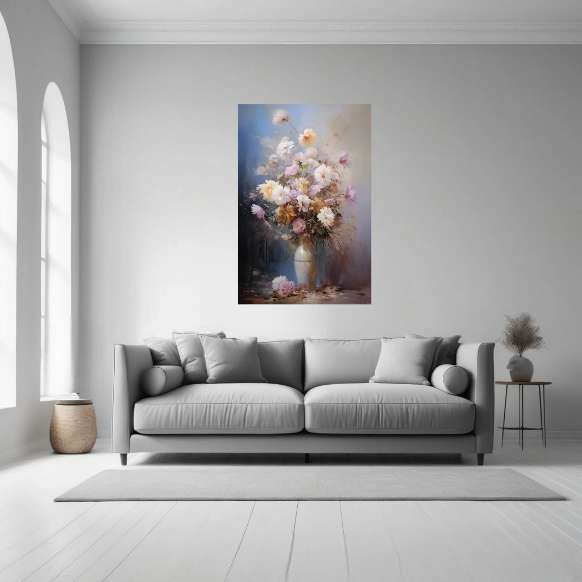 Painterly floral still life with pastel blooms in a ceramic vase, soft blue and amber backdrop