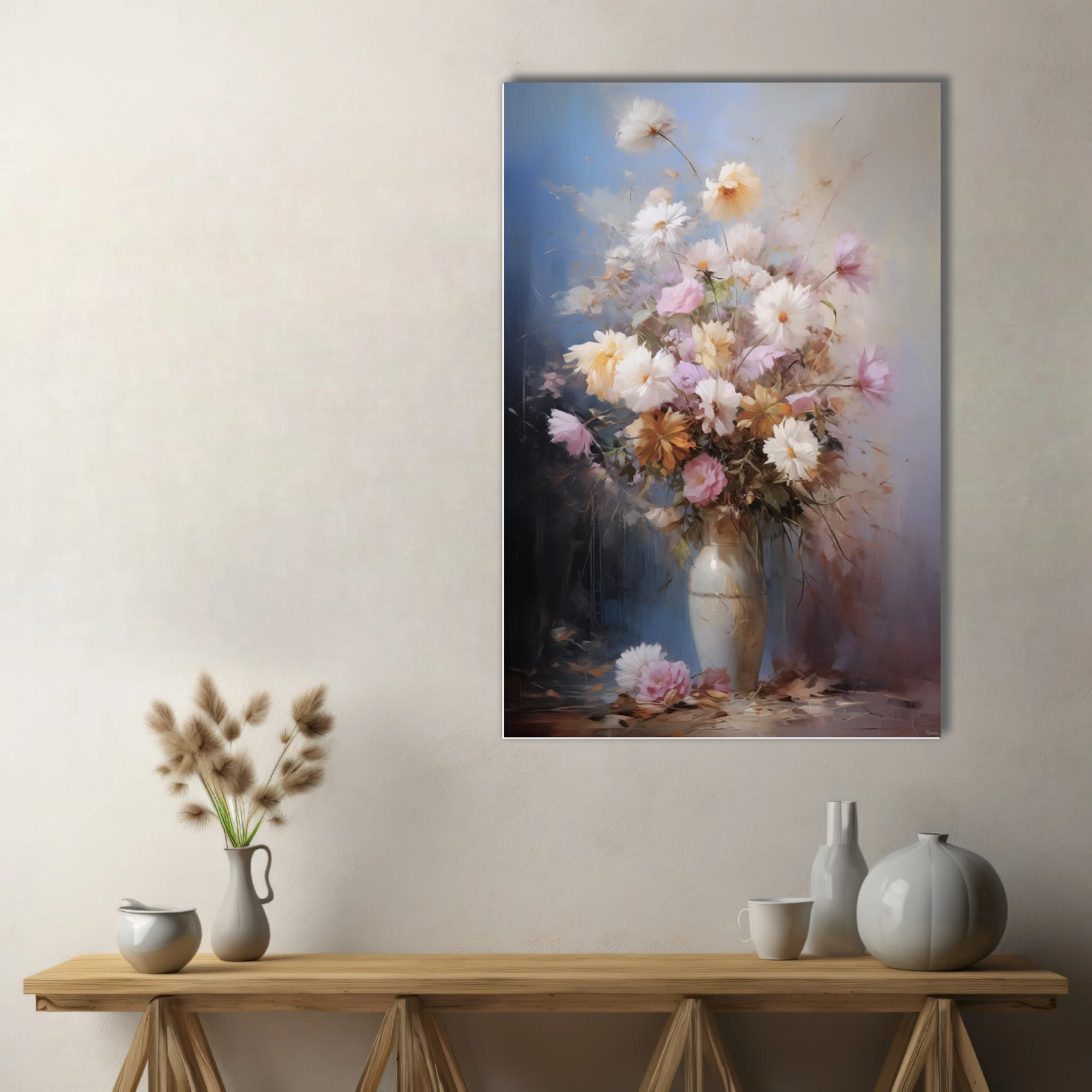 Painterly floral still life with pastel blooms in a ceramic vase, soft blue and amber backdrop