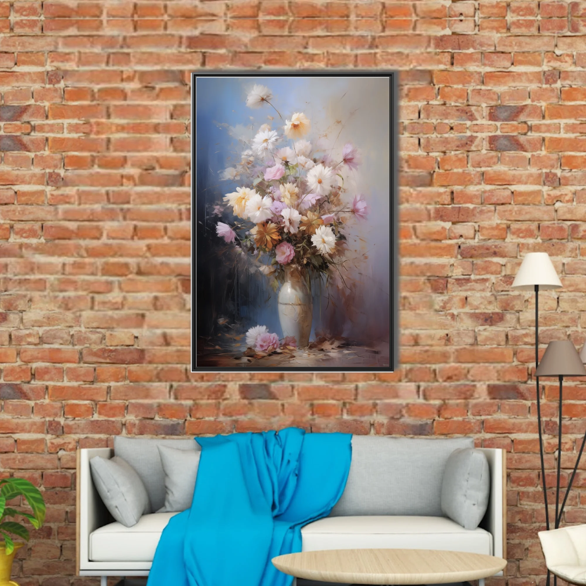 Painterly floral still life with pastel blooms in a ceramic vase, soft blue and amber backdrop