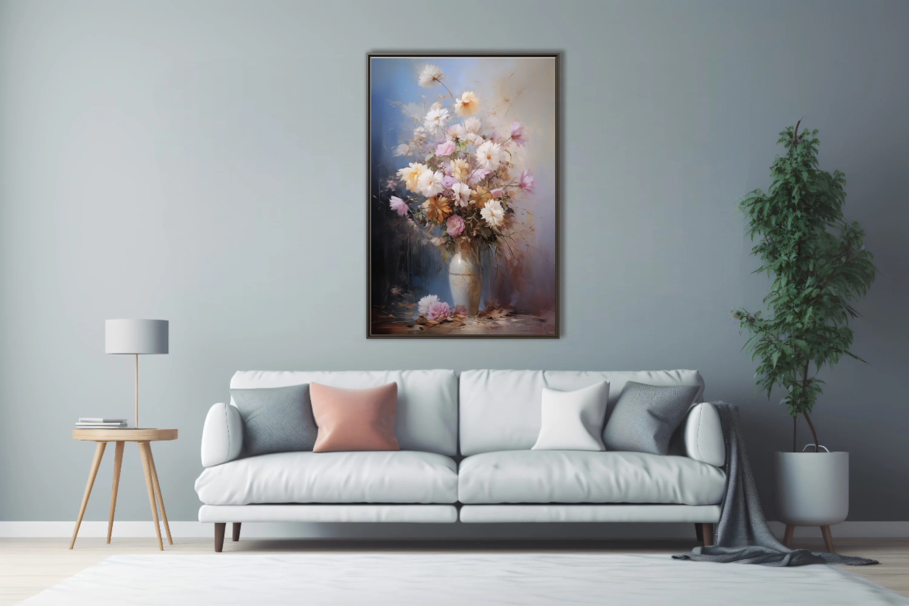 Painterly floral still life with pastel blooms in a ceramic vase, soft blue and amber backdrop