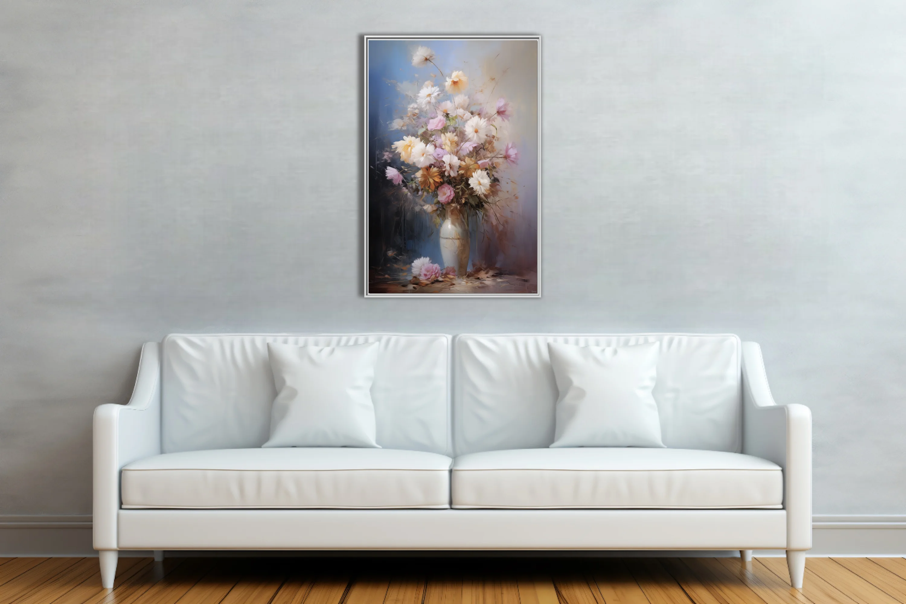 Painterly floral still life with pastel blooms in a ceramic vase, soft blue and amber backdrop