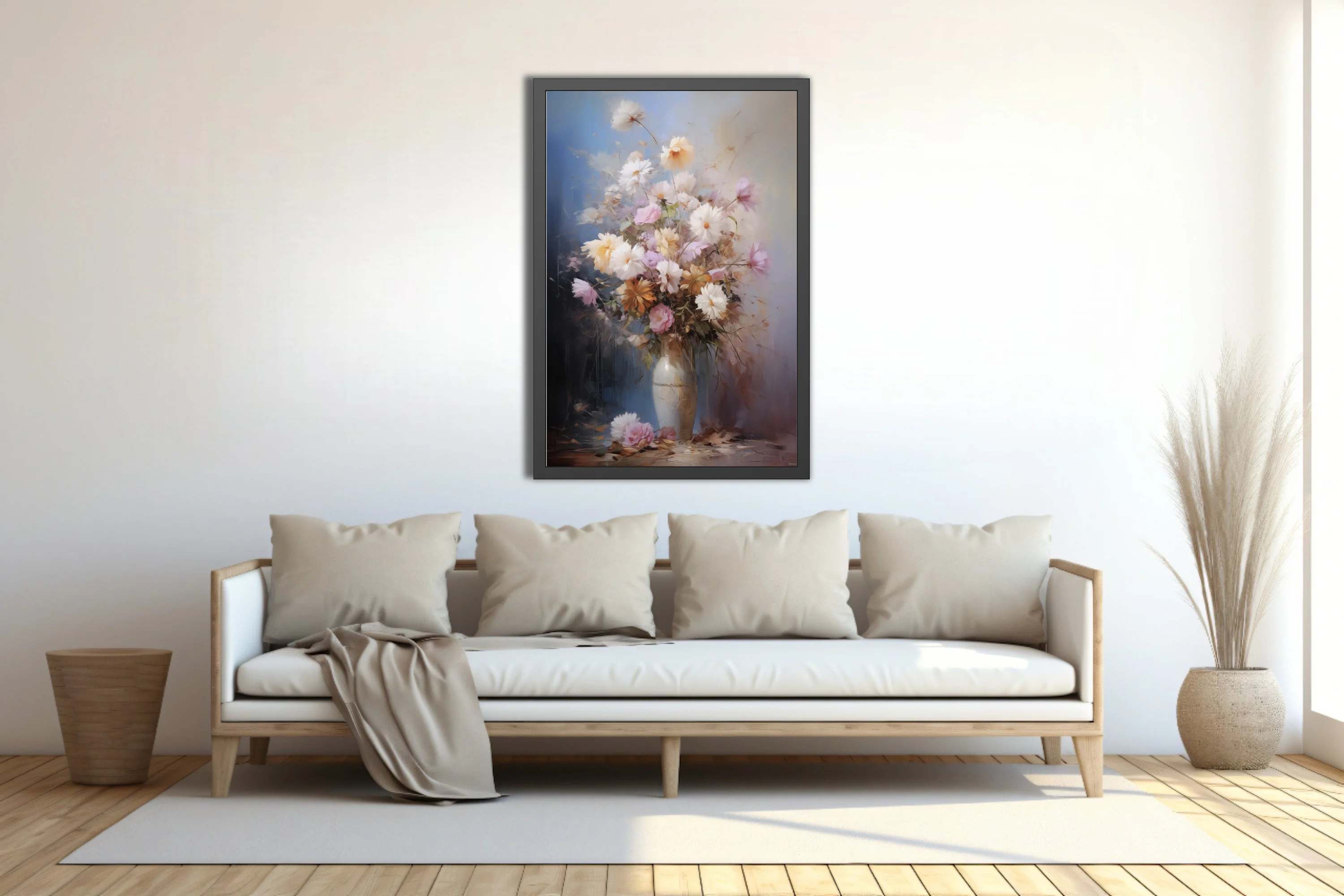 Painterly floral still life with pastel blooms in a ceramic vase, soft blue and amber backdrop