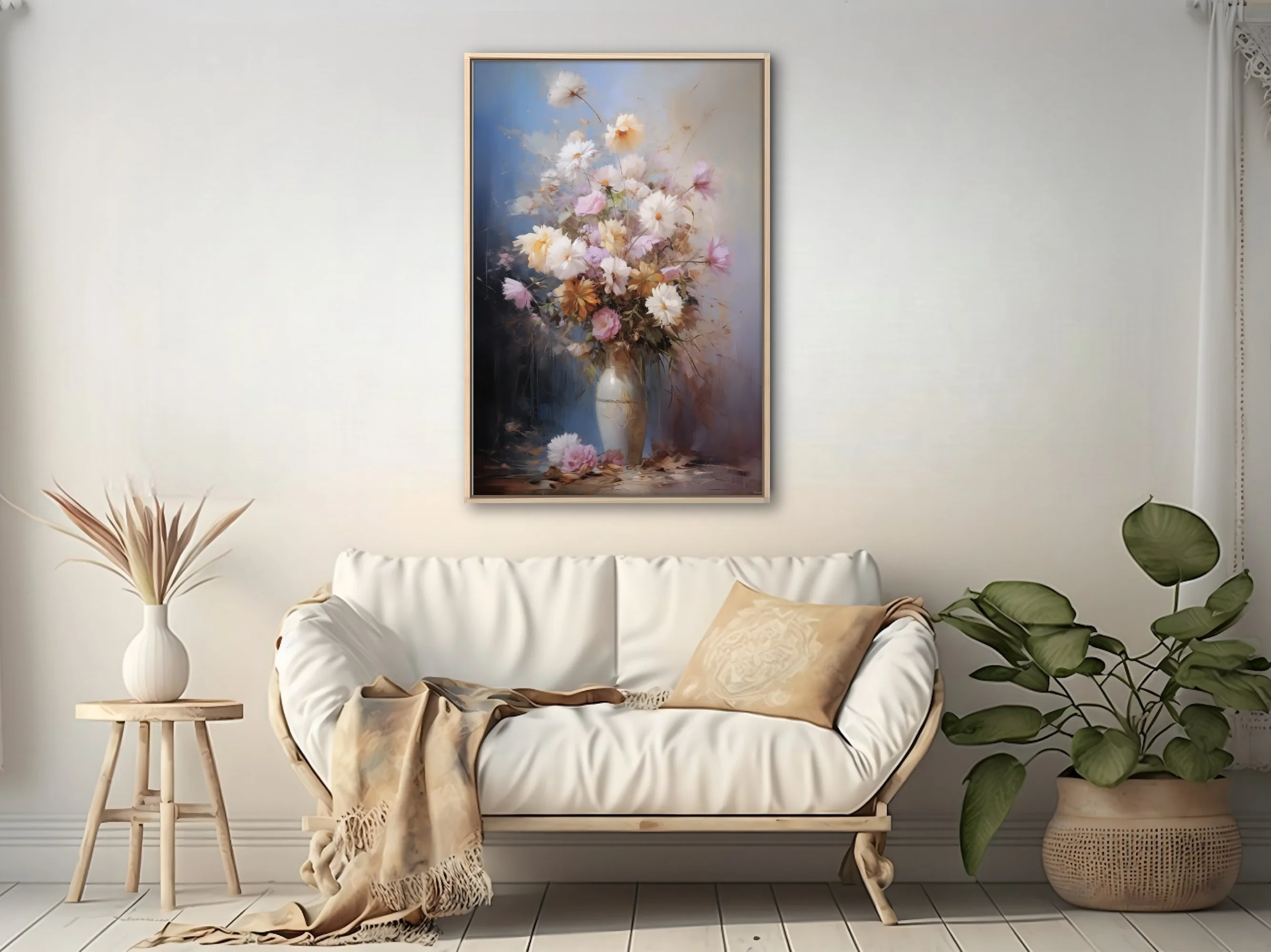Painterly floral still life with pastel blooms in a ceramic vase, soft blue and amber backdrop