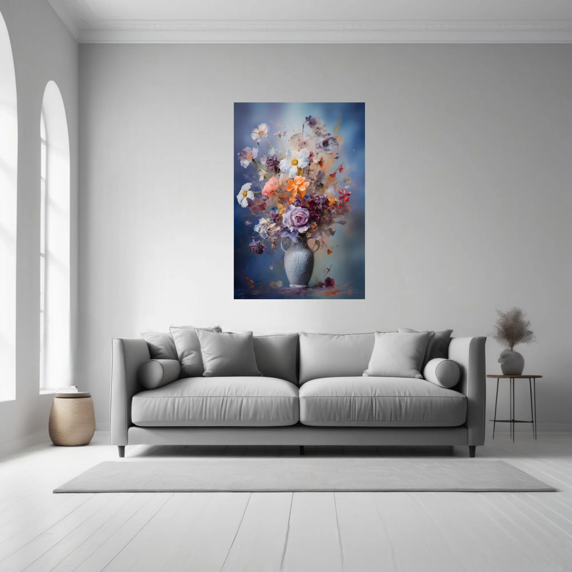 Painterly floral still life in dusky blue, coral and plum — abstract bouquet in ornate vase wall art
