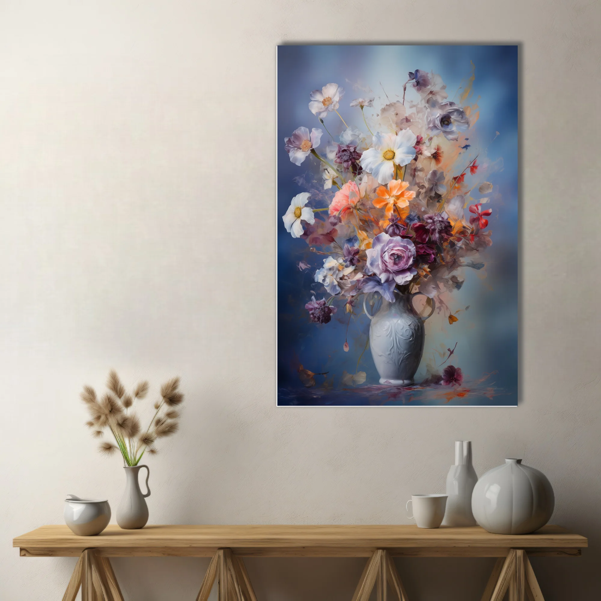 Painterly floral still life in dusky blue, coral and plum — abstract bouquet in ornate vase wall art