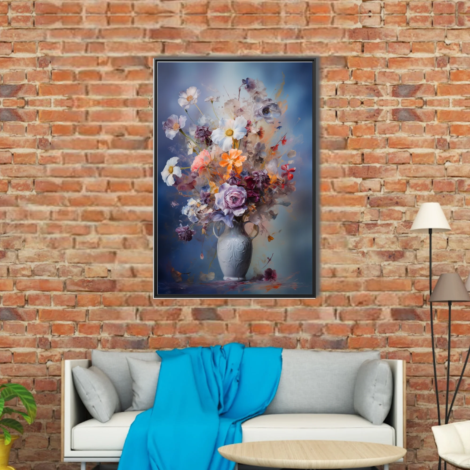 Painterly floral still life in dusky blue, coral and plum — abstract bouquet in ornate vase wall art