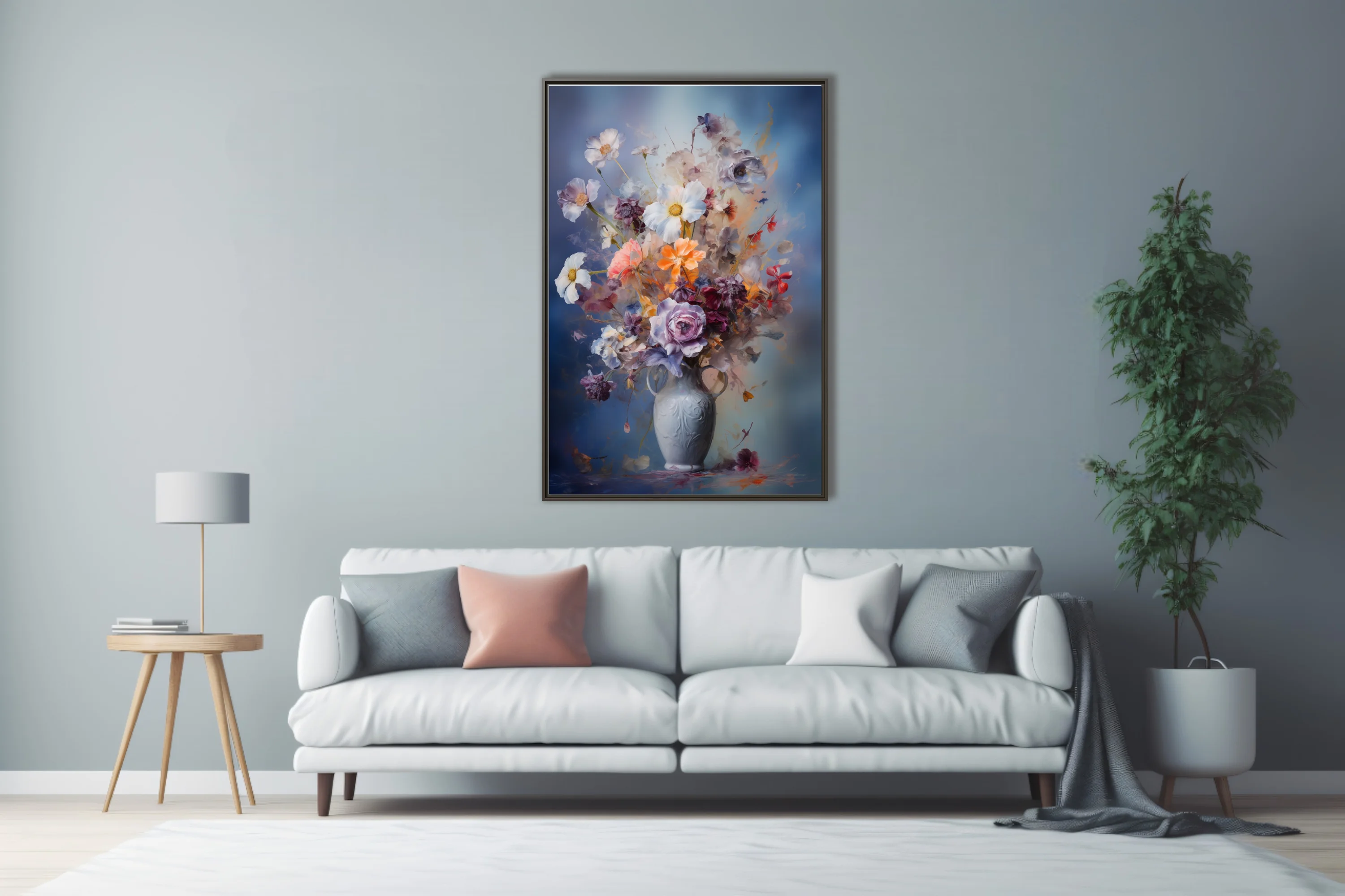 Painterly floral still life in dusky blue, coral and plum — abstract bouquet in ornate vase wall art