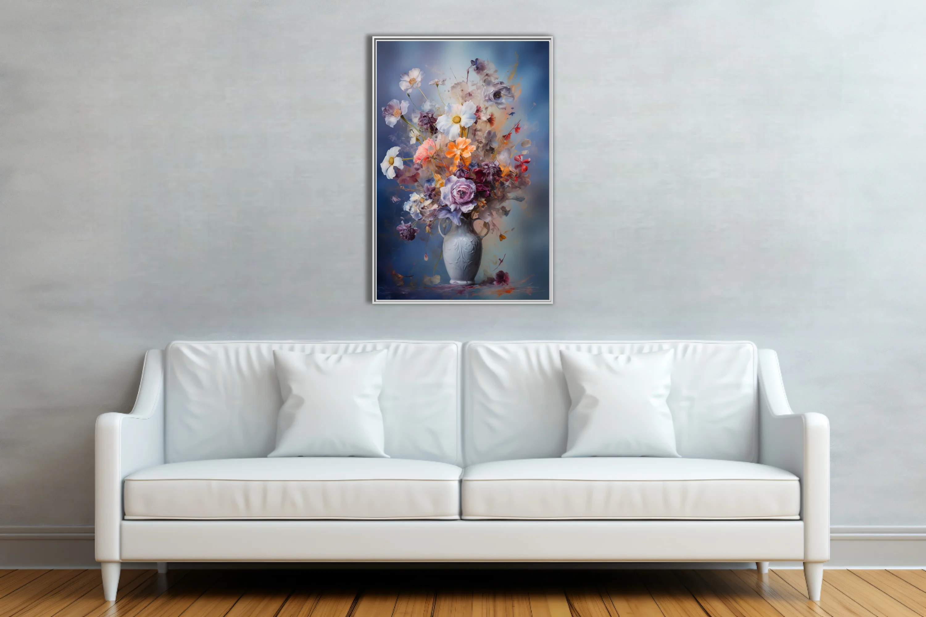 Painterly floral still life in dusky blue, coral and plum — abstract bouquet in ornate vase wall art