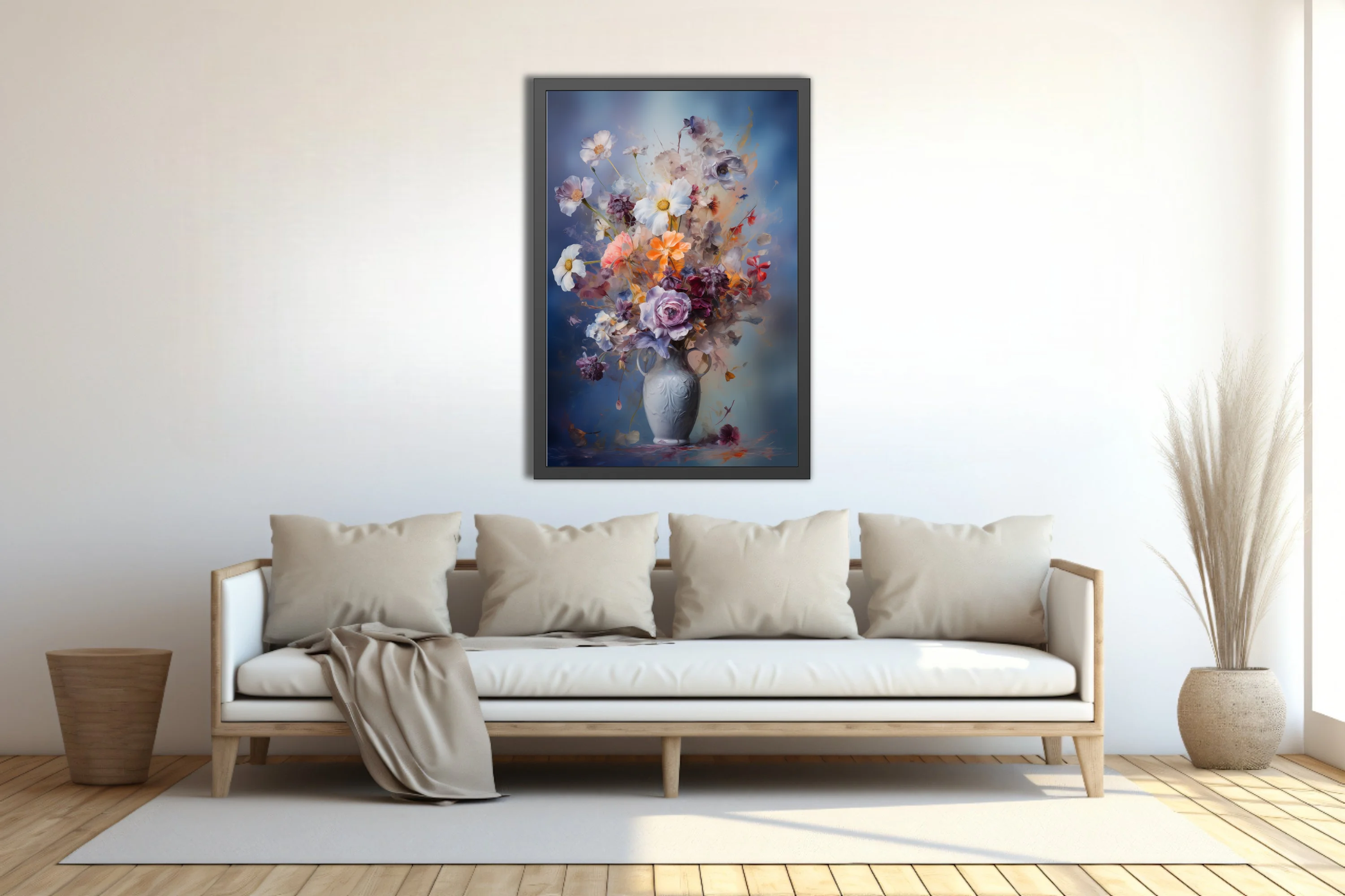 Painterly floral still life in dusky blue, coral and plum — abstract bouquet in ornate vase wall art