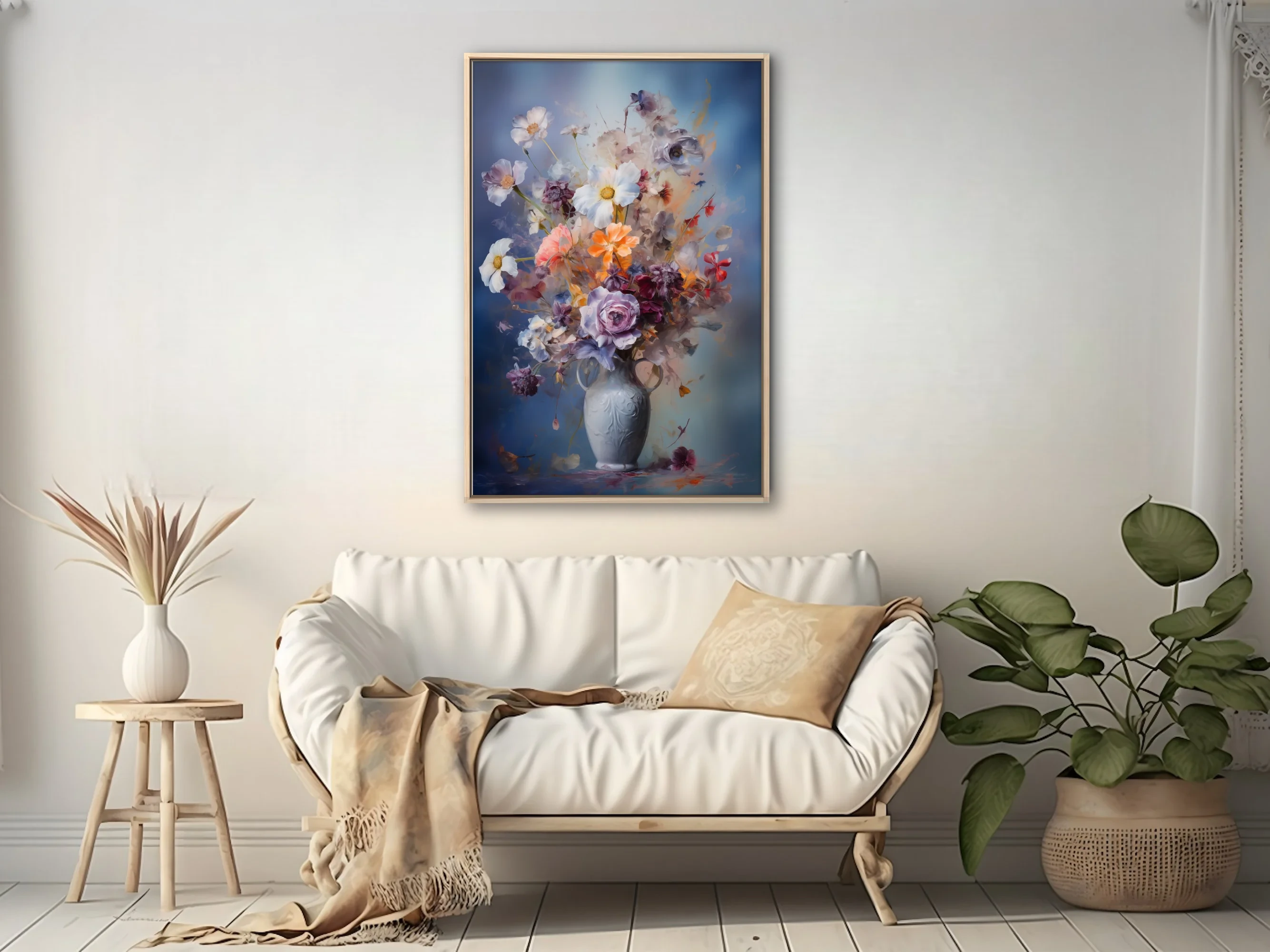 Painterly floral still life in dusky blue, coral and plum — abstract bouquet in ornate vase wall art