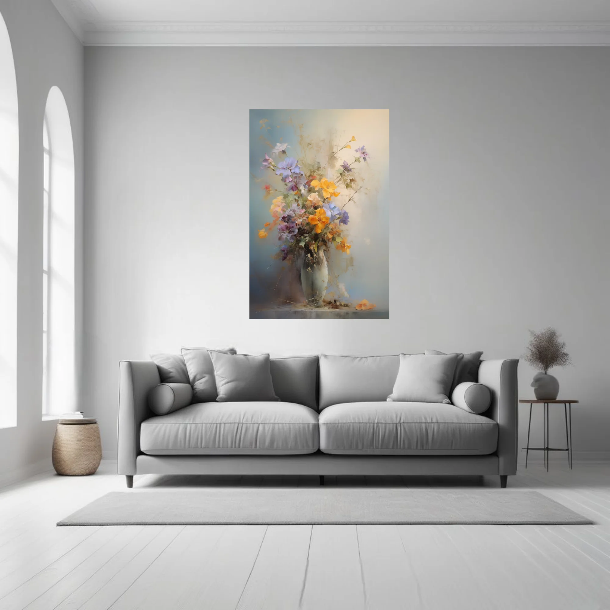 Painterly floral still life with saffron, lilac, and soft blue blooms in a pale vase, romantic mood