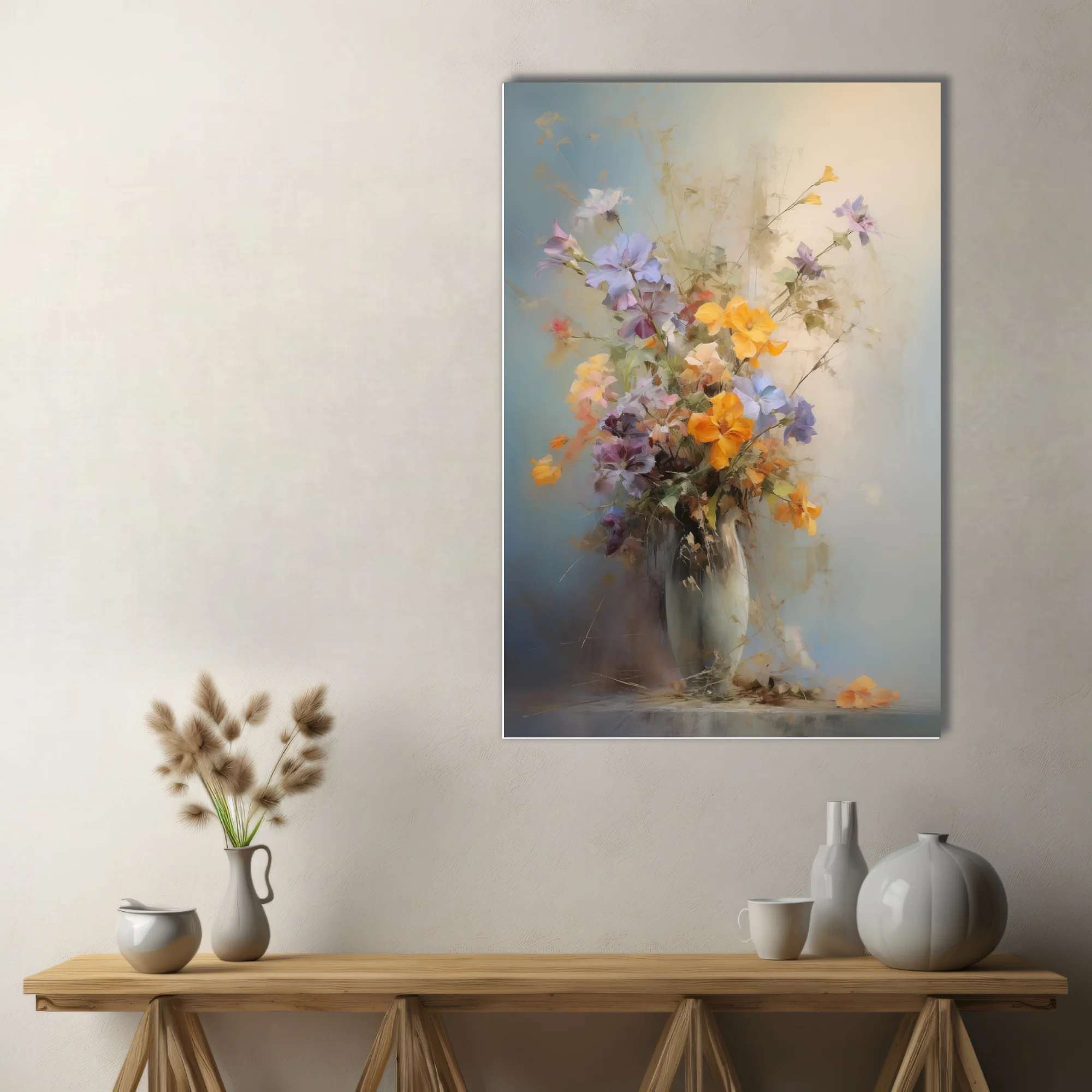 Painterly floral still life with saffron, lilac, and soft blue blooms in a pale vase, romantic mood