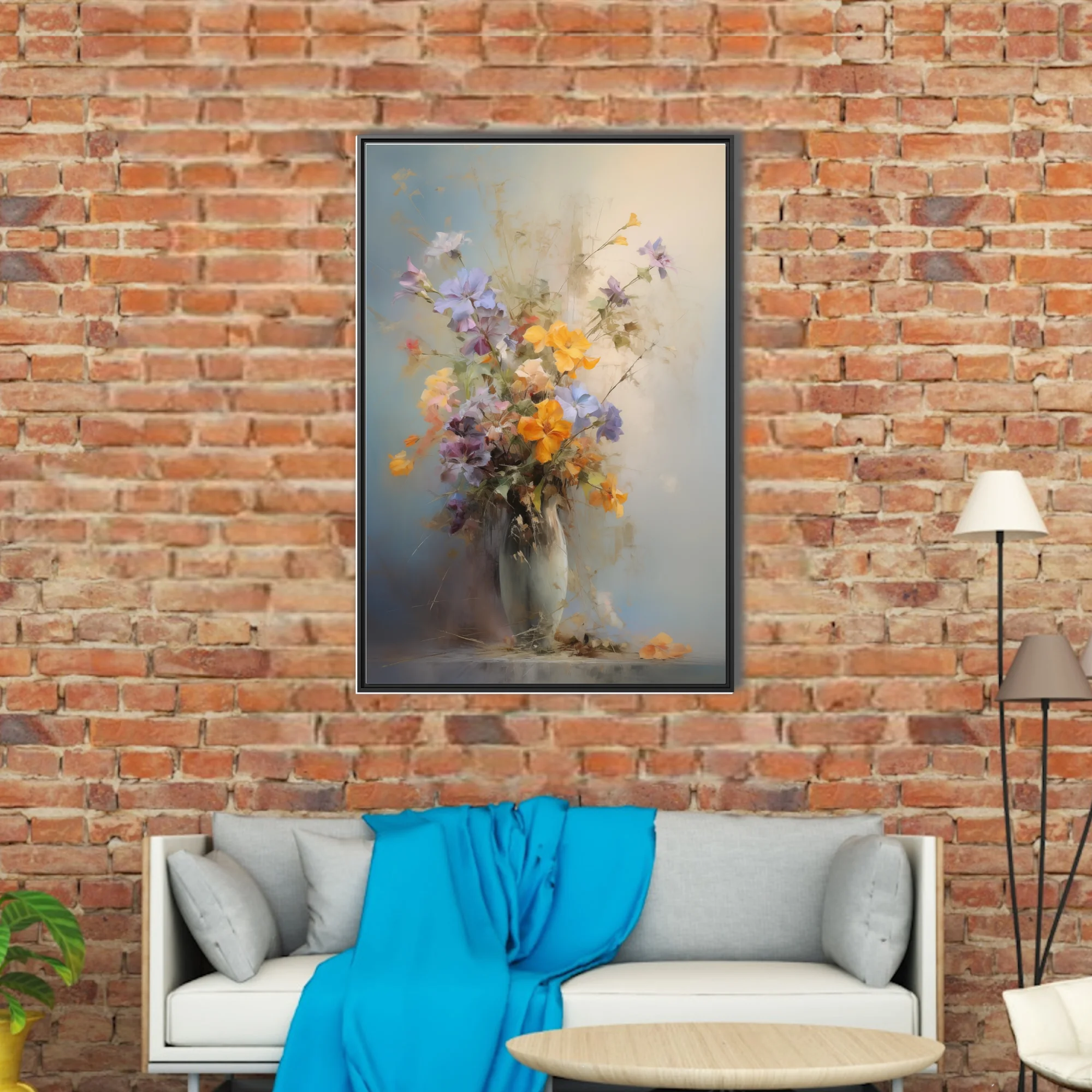 Painterly floral still life with saffron, lilac, and soft blue blooms in a pale vase, romantic mood