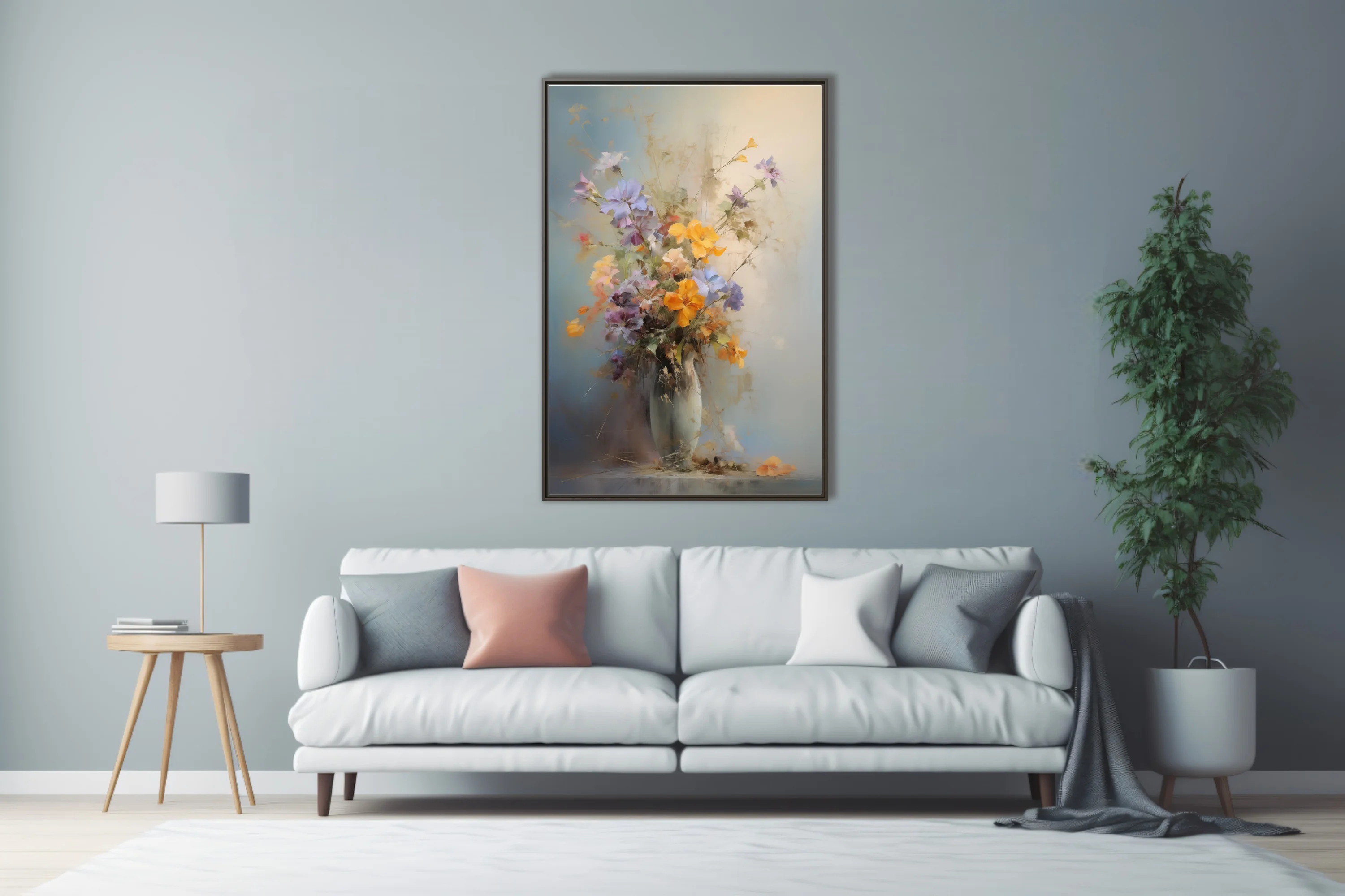 Painterly floral still life with saffron, lilac, and soft blue blooms in a pale vase, romantic mood