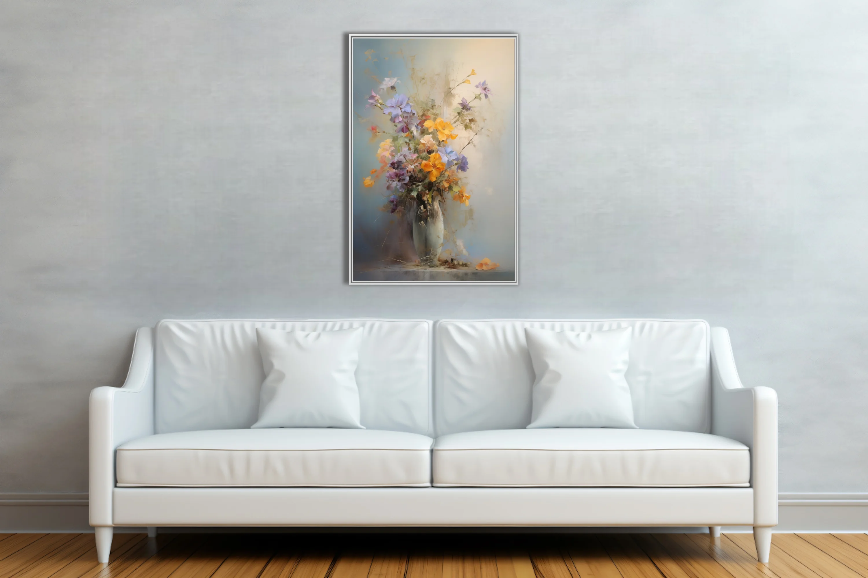 Painterly floral still life with saffron, lilac, and soft blue blooms in a pale vase, romantic mood