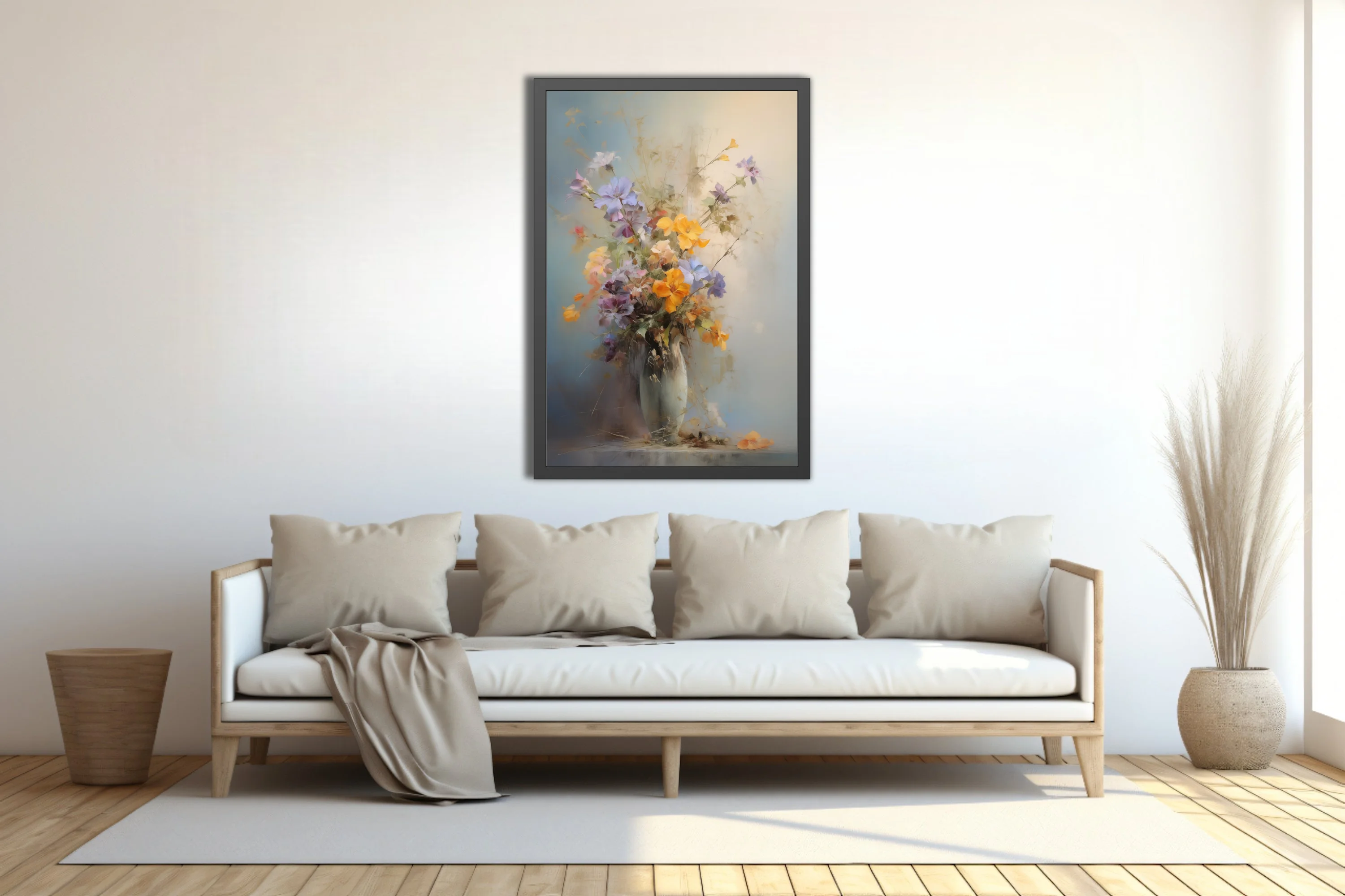 Painterly floral still life with saffron, lilac, and soft blue blooms in a pale vase, romantic mood