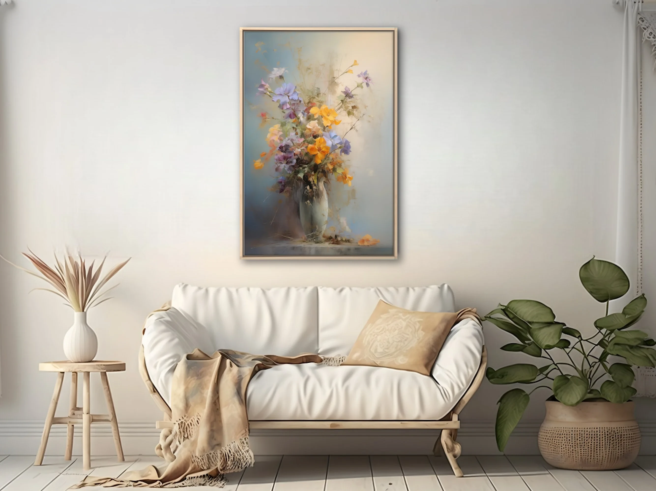 Painterly floral still life with saffron, lilac, and soft blue blooms in a pale vase, romantic mood
