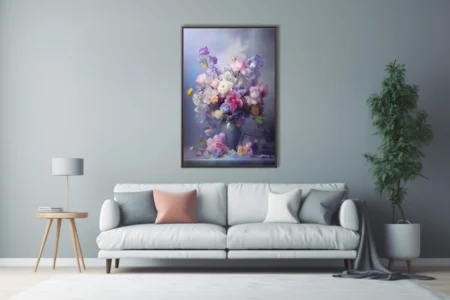 Soft-focus pastel floral still life with roses and peonies in lavender and pink tones