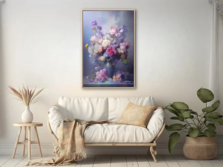 Soft-focus pastel floral still life with roses and peonies in lavender and pink tones