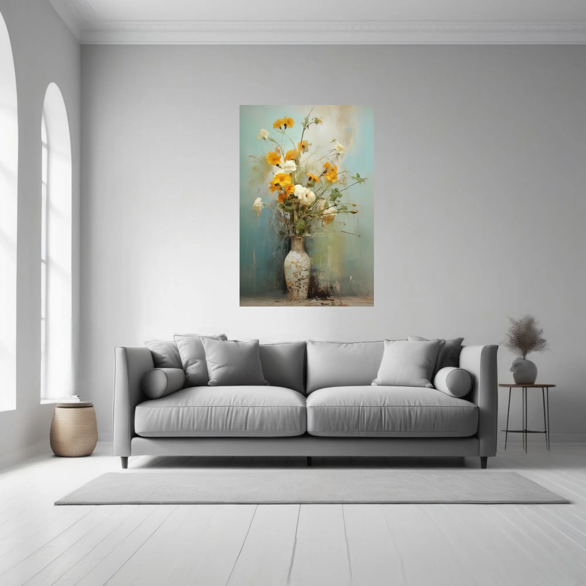 Painterly still life of yellow and white flowers in a tall vase, turquoise ground,