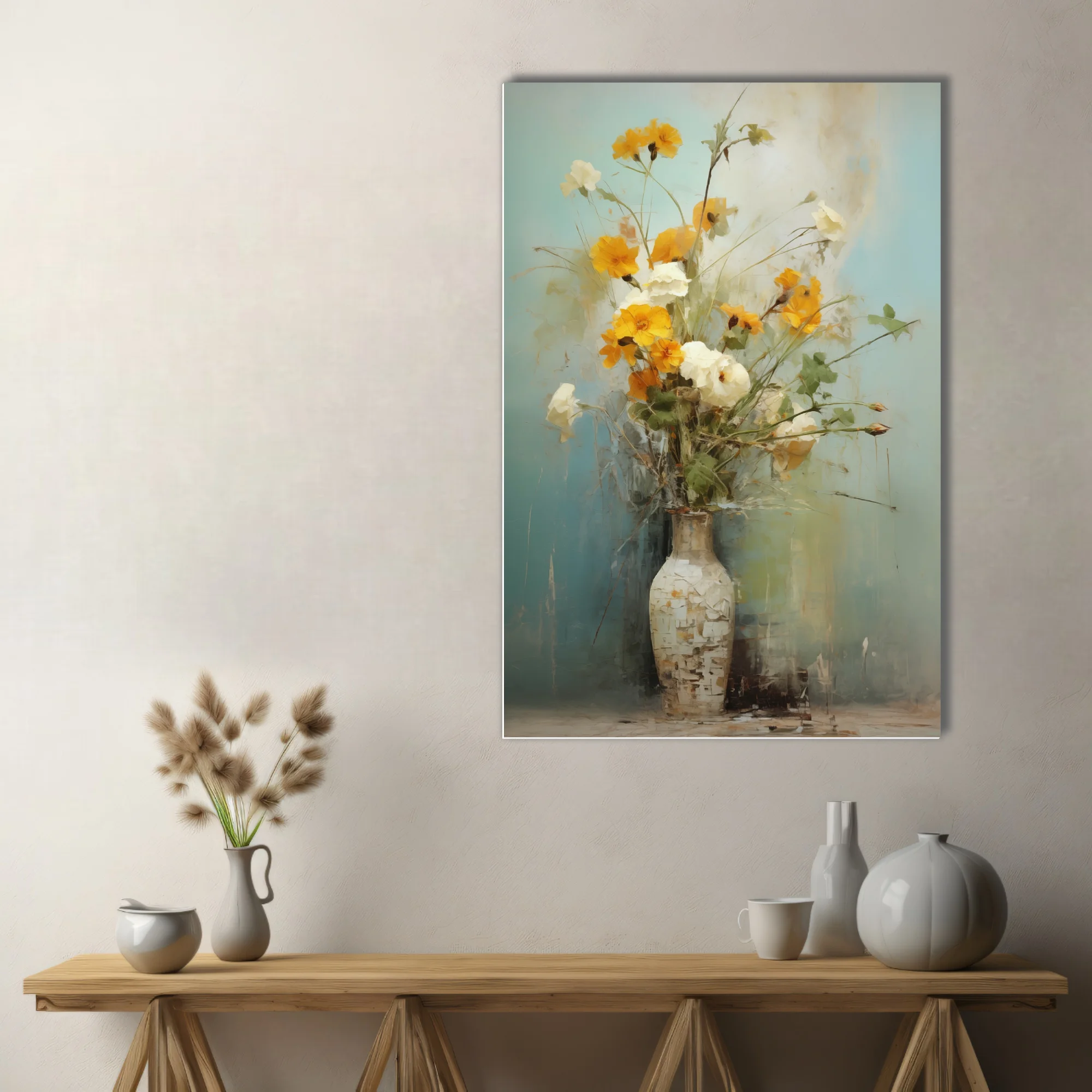Painterly still life of yellow and white flowers in a tall vase, turquoise ground,