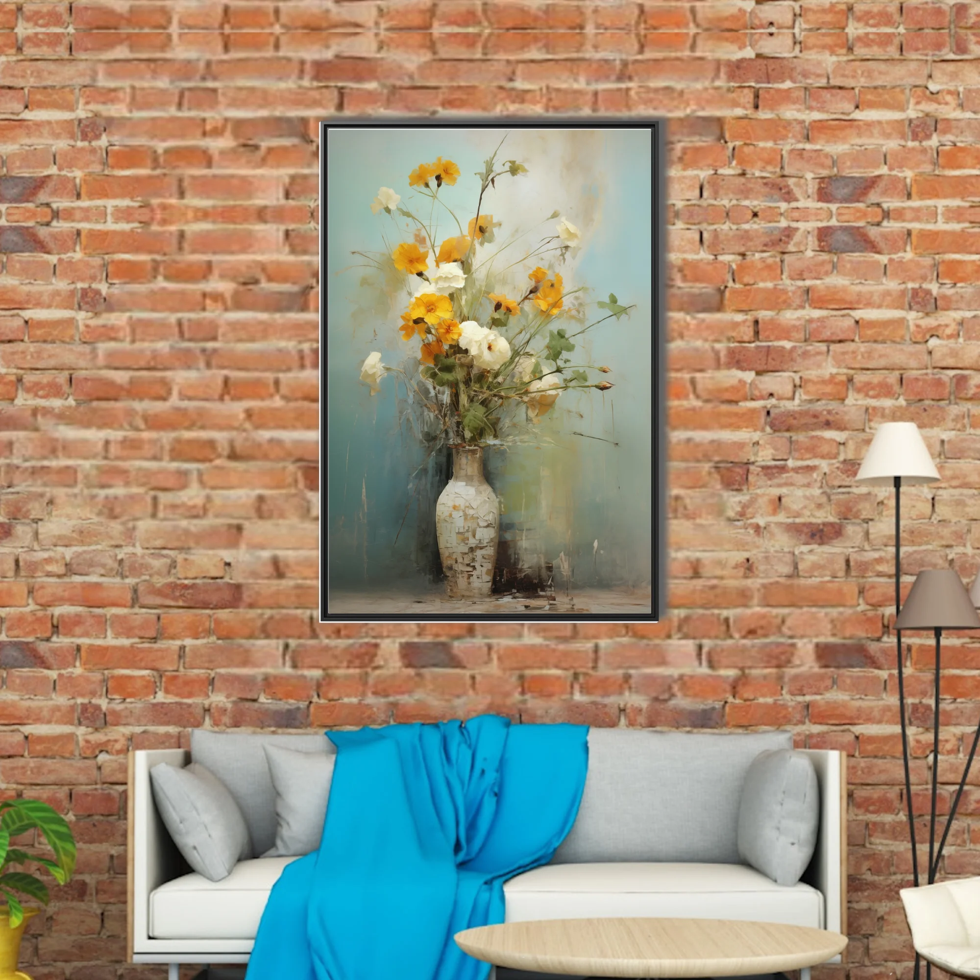 Painterly still life of yellow and white flowers in a tall vase, turquoise ground,