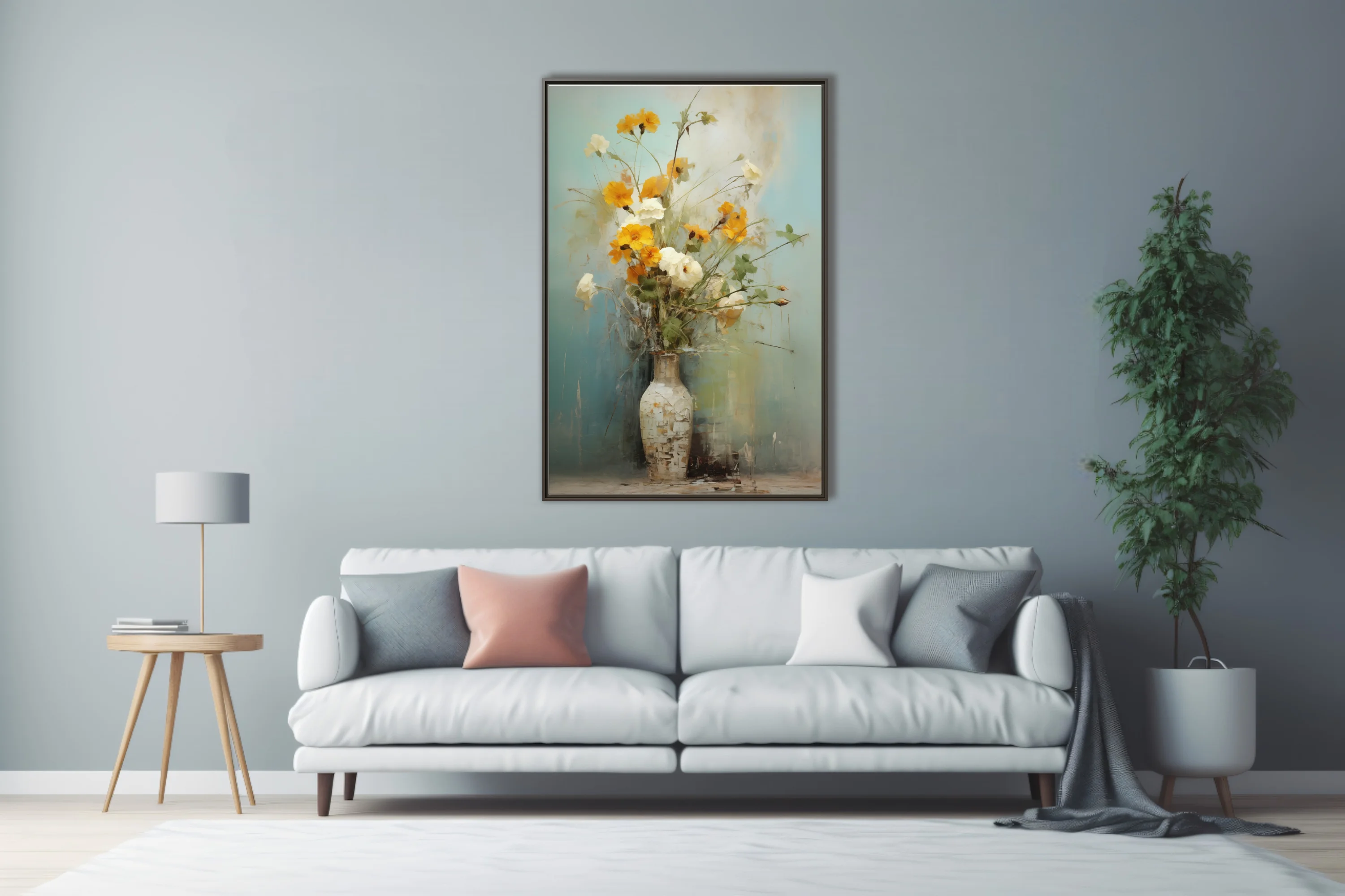 Painterly still life of yellow and white flowers in a tall vase, turquoise ground,
