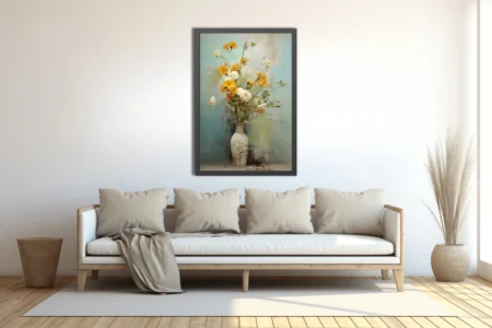 Painterly still life of yellow and white flowers in a tall vase, turquoise ground,