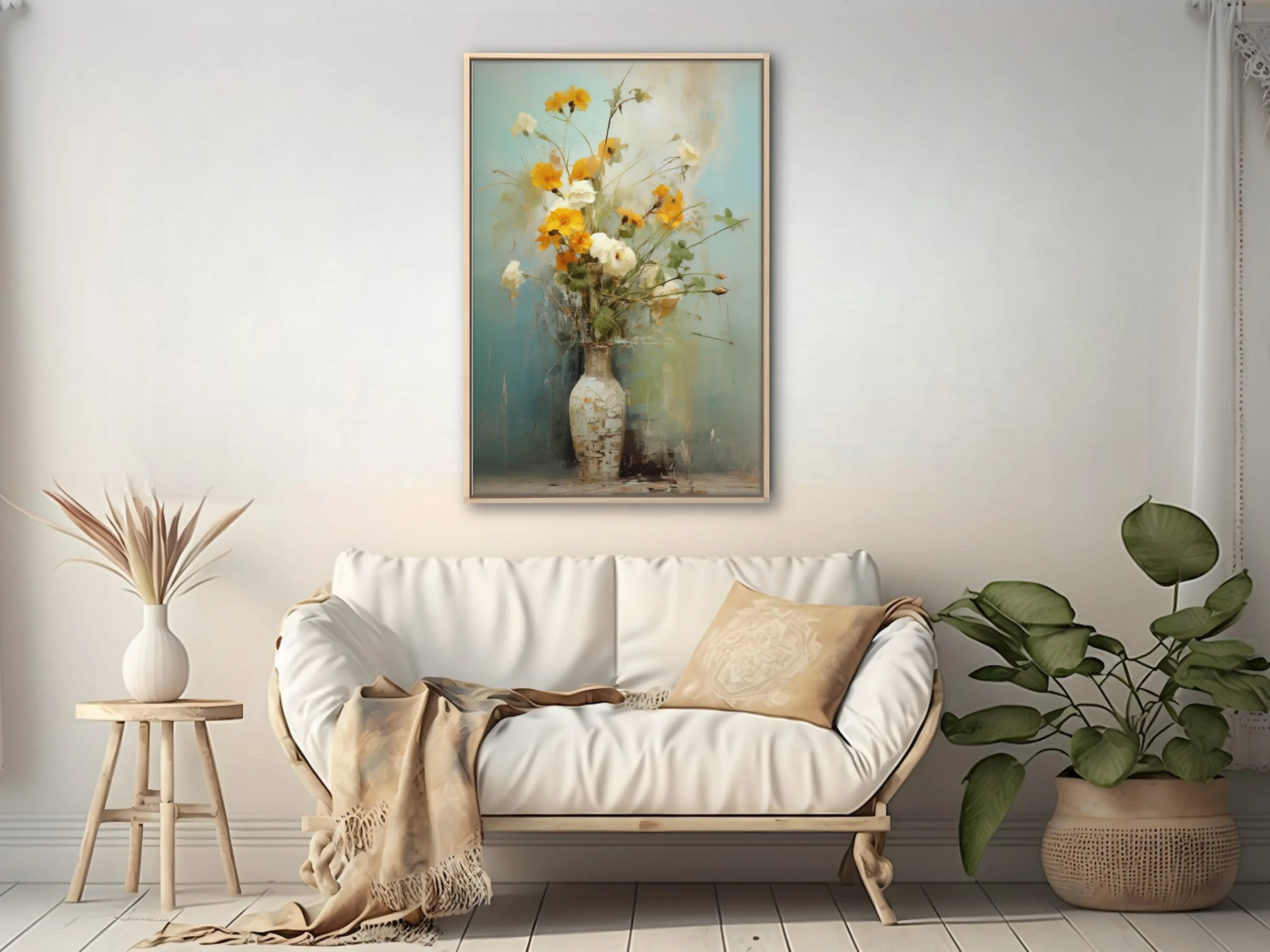 Painterly still life of yellow and white flowers in a tall vase, turquoise ground,