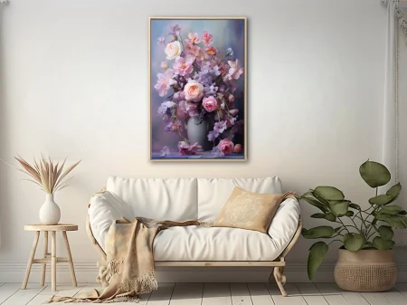 Soft-focus floral still life with blush roses and lavender blossoms in pale vase, dreamy painterly style