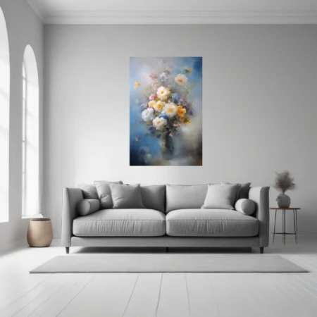 Painterly floral bouquet in vase, hazy blue and saffron still life with loose strokes