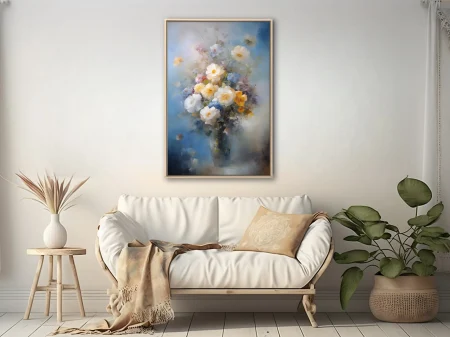 Painterly floral bouquet in vase, hazy blue and saffron still life with loose strokes