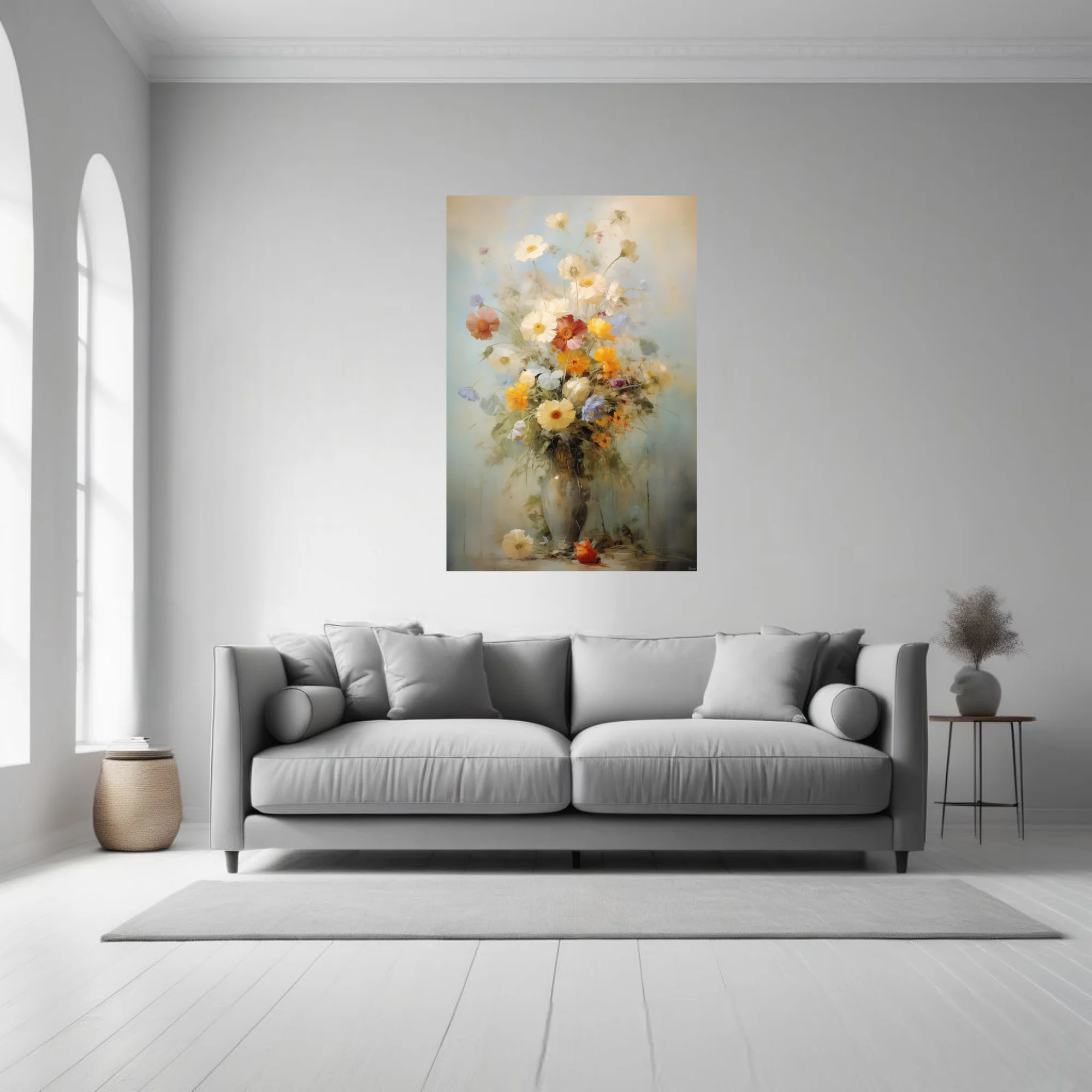 Painterly wildflower bouquet still life in cream, ochre and dusty blue with vintage strokes