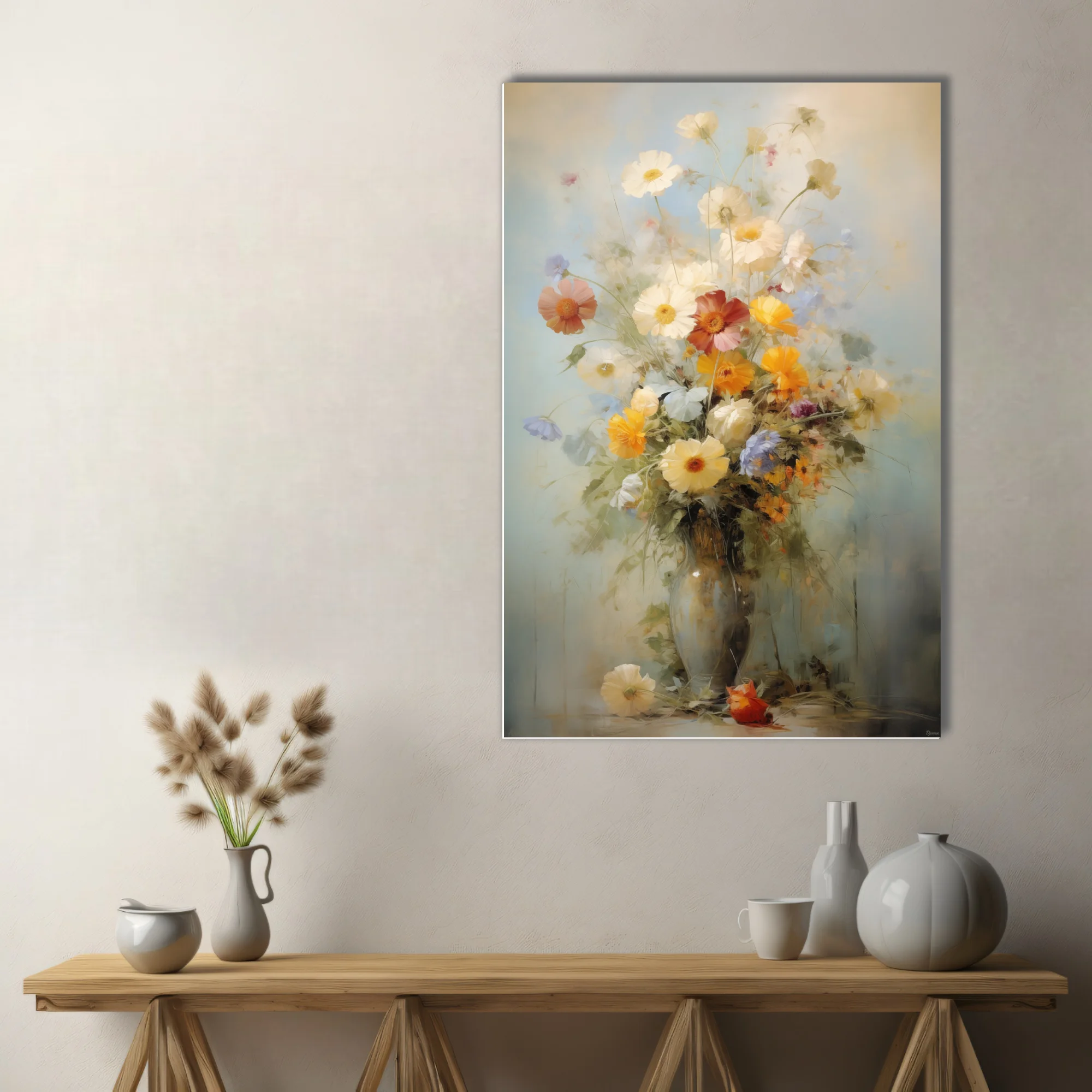 Painterly wildflower bouquet still life in cream, ochre and dusty blue with vintage strokes