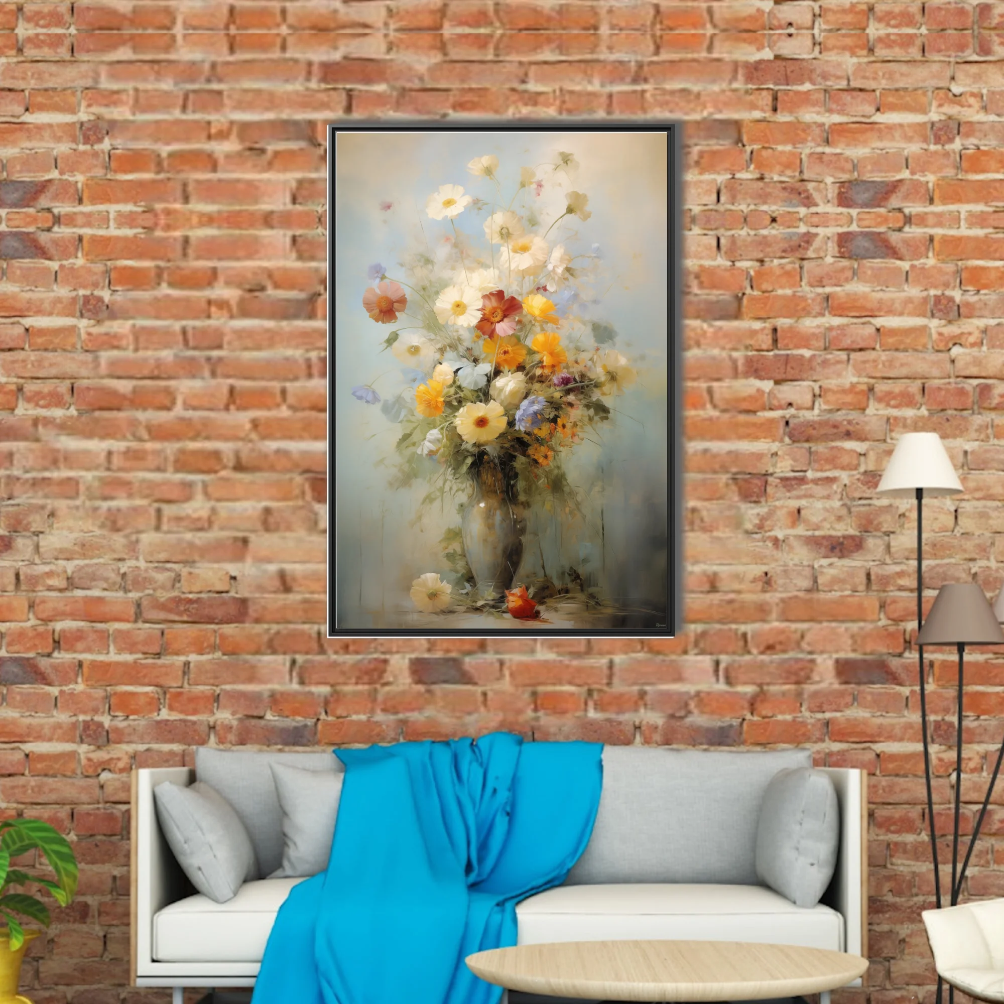 Painterly wildflower bouquet still life in cream, ochre and dusty blue with vintage strokes