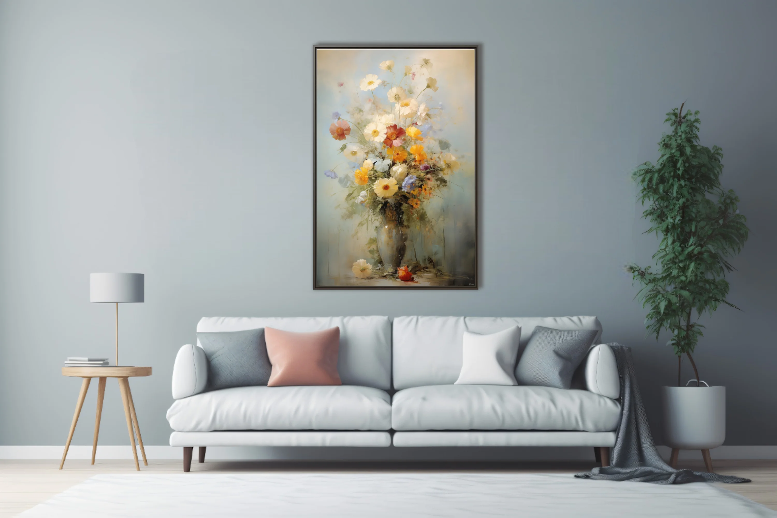 Painterly wildflower bouquet still life in cream, ochre and dusty blue with vintage strokes
