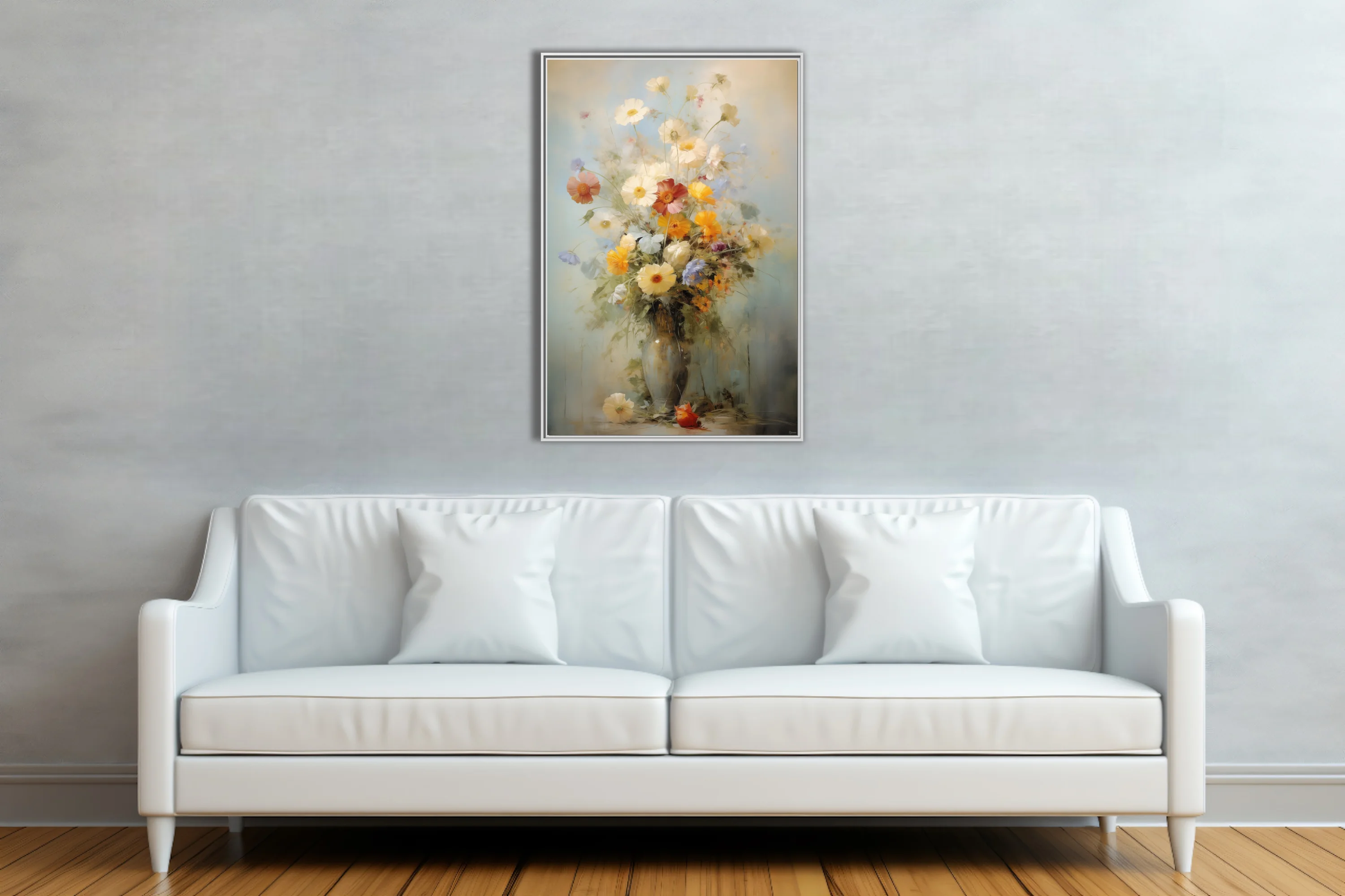 Painterly wildflower bouquet still life in cream, ochre and dusty blue with vintage strokes