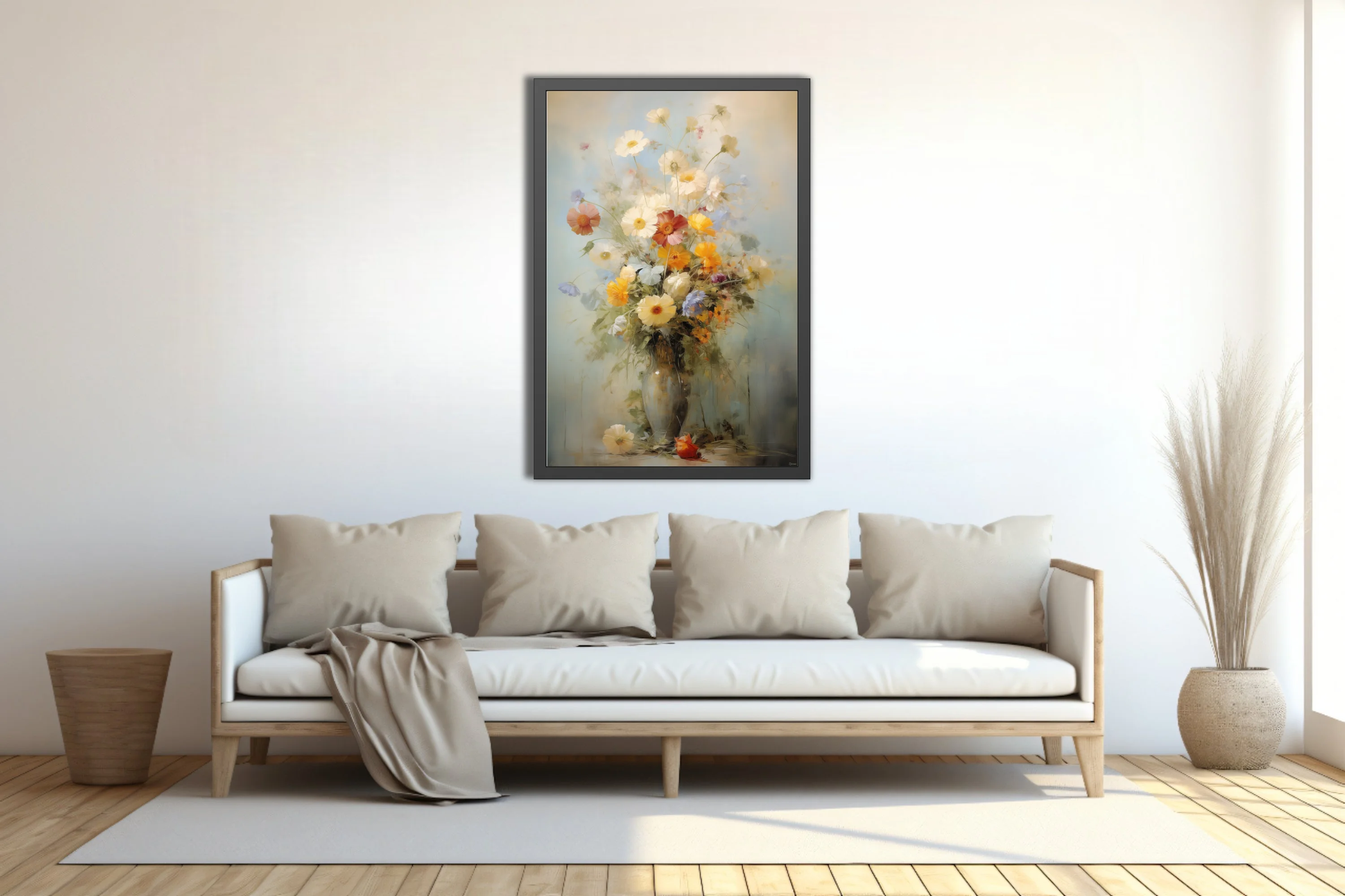 Painterly wildflower bouquet still life in cream, ochre and dusty blue with vintage strokes