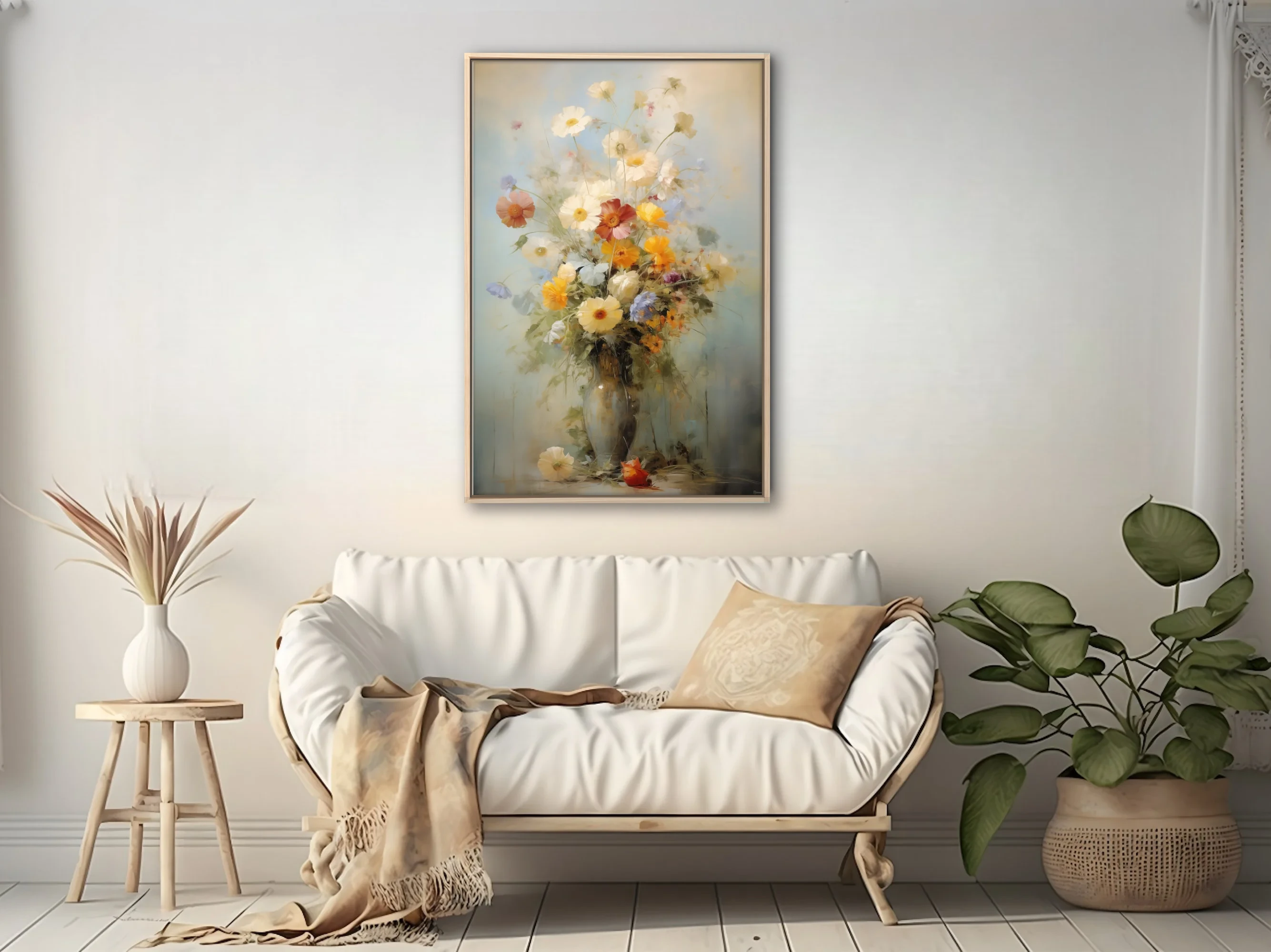 Painterly wildflower bouquet still life in cream, ochre and dusty blue with vintage strokes