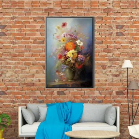 Painterly floral still life with vibrant blooms in a vase, soft pastel haze, strokes
