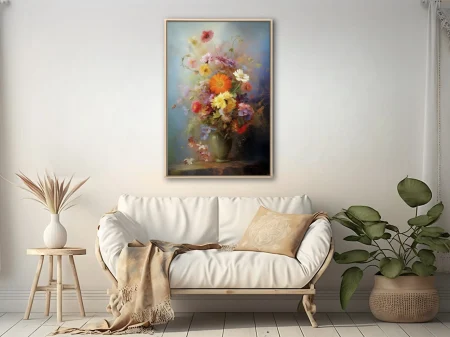 Painterly floral still life with vibrant blooms in a vase, soft pastel haze, strokes