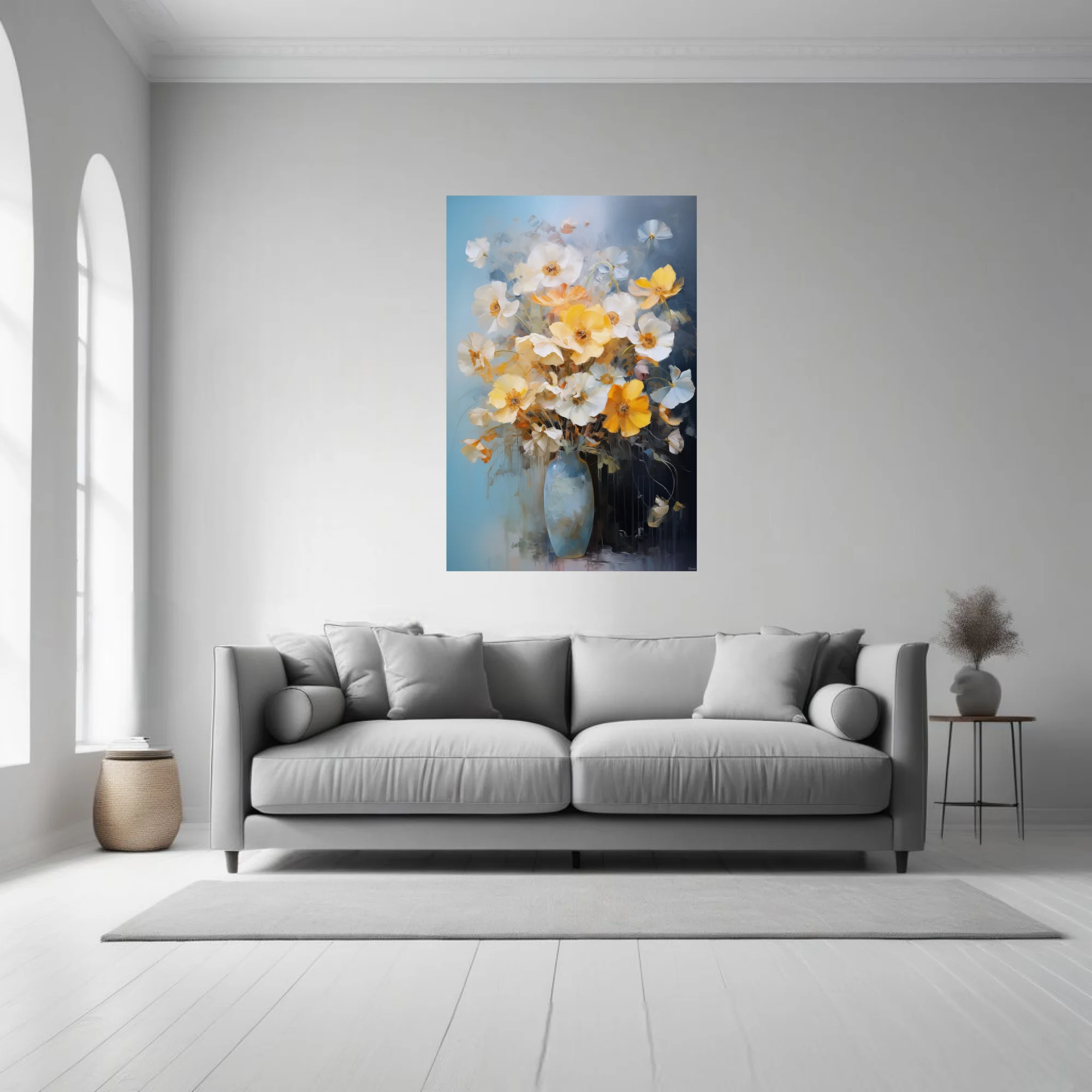 Painterly floral still life with yellow and white blooms in a blue vase, bouquet