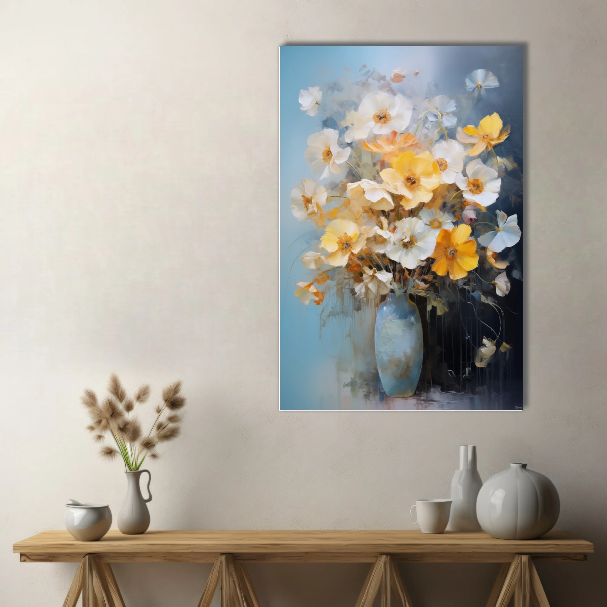 Painterly floral still life with yellow and white blooms in a blue vase, bouquet