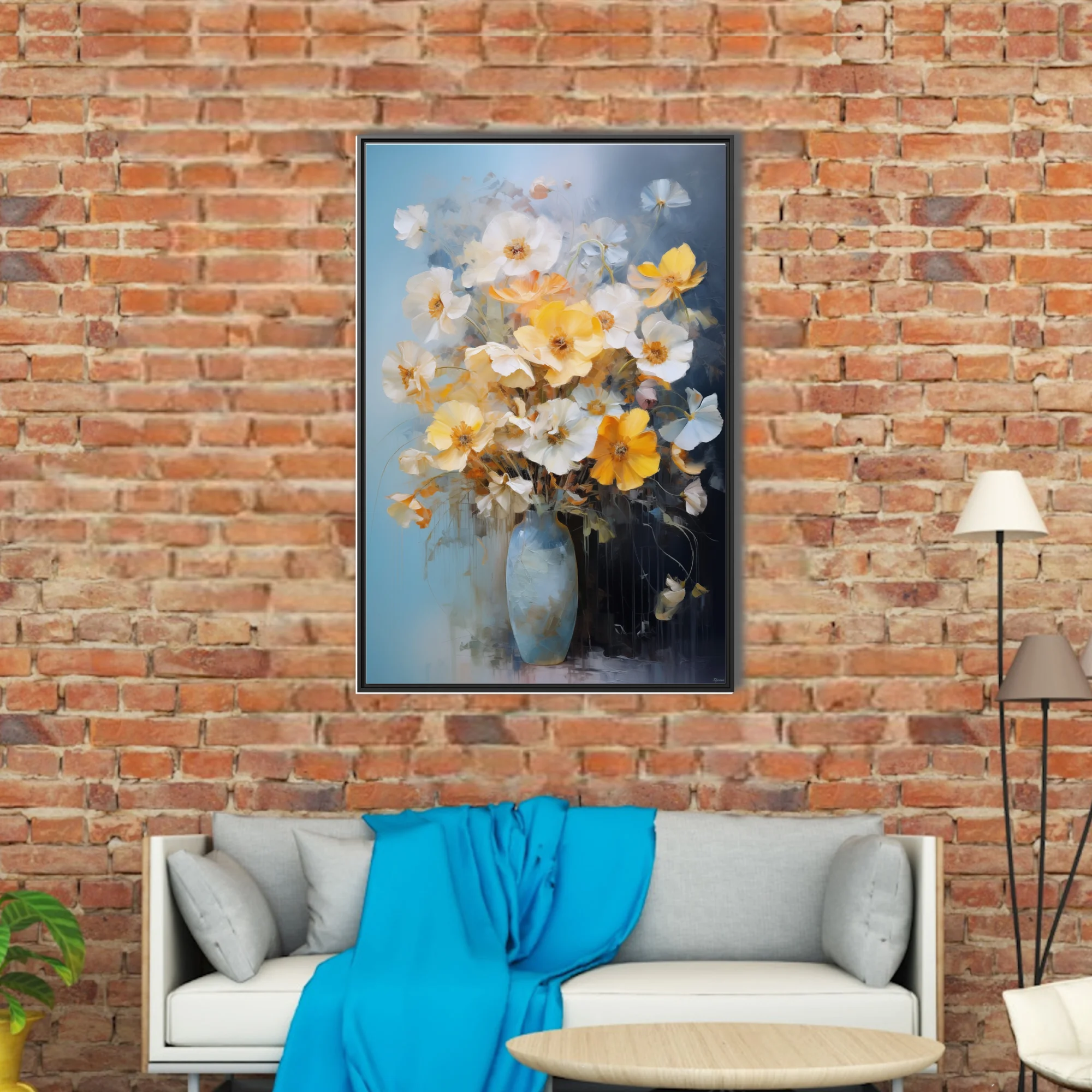 Painterly floral still life with yellow and white blooms in a blue vase, bouquet