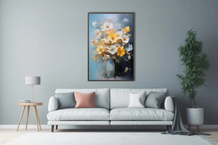 Painterly floral still life with yellow and white blooms in a blue vase, bouquet