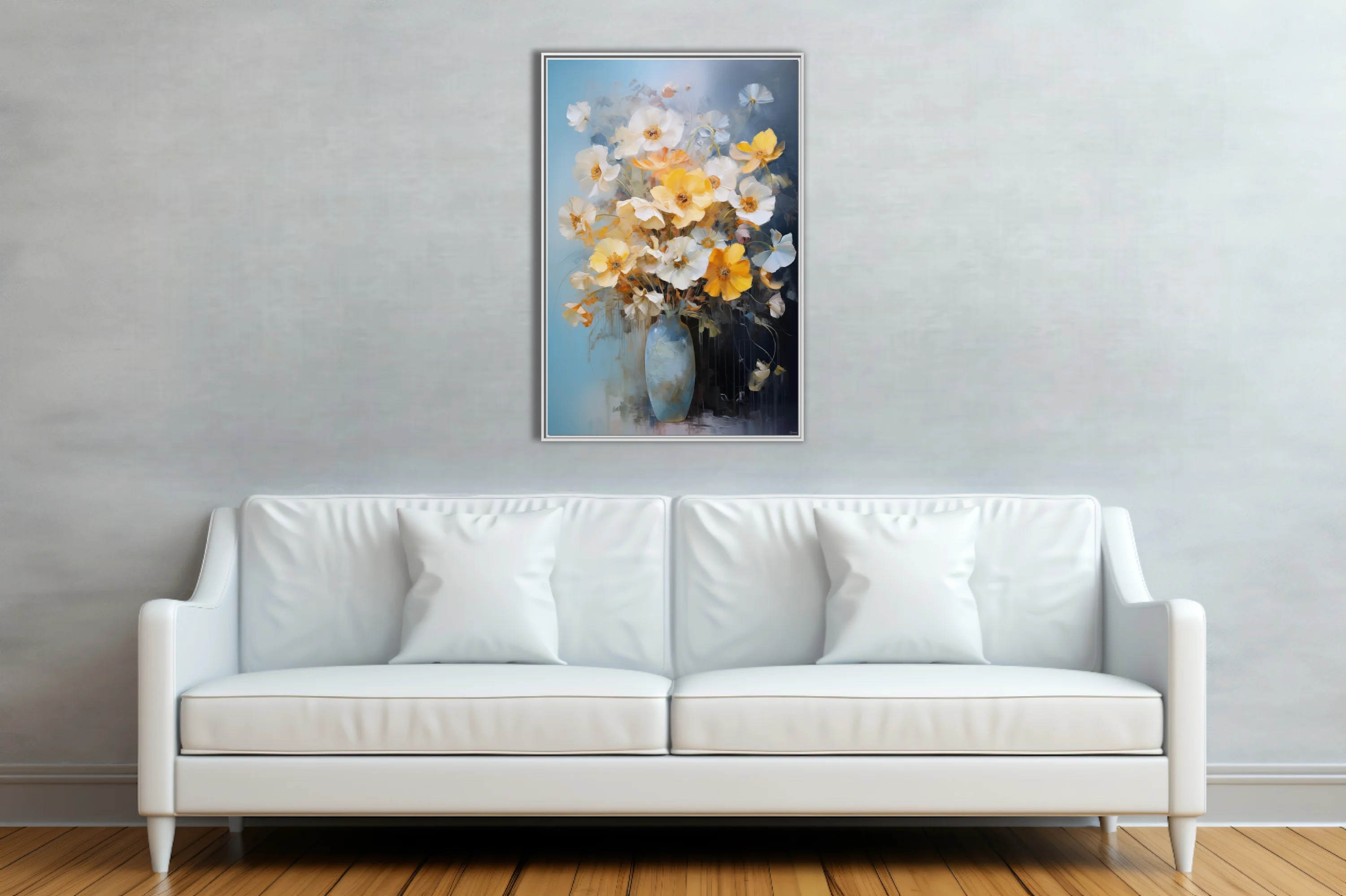 Painterly floral still life with yellow and white blooms in a blue vase, bouquet