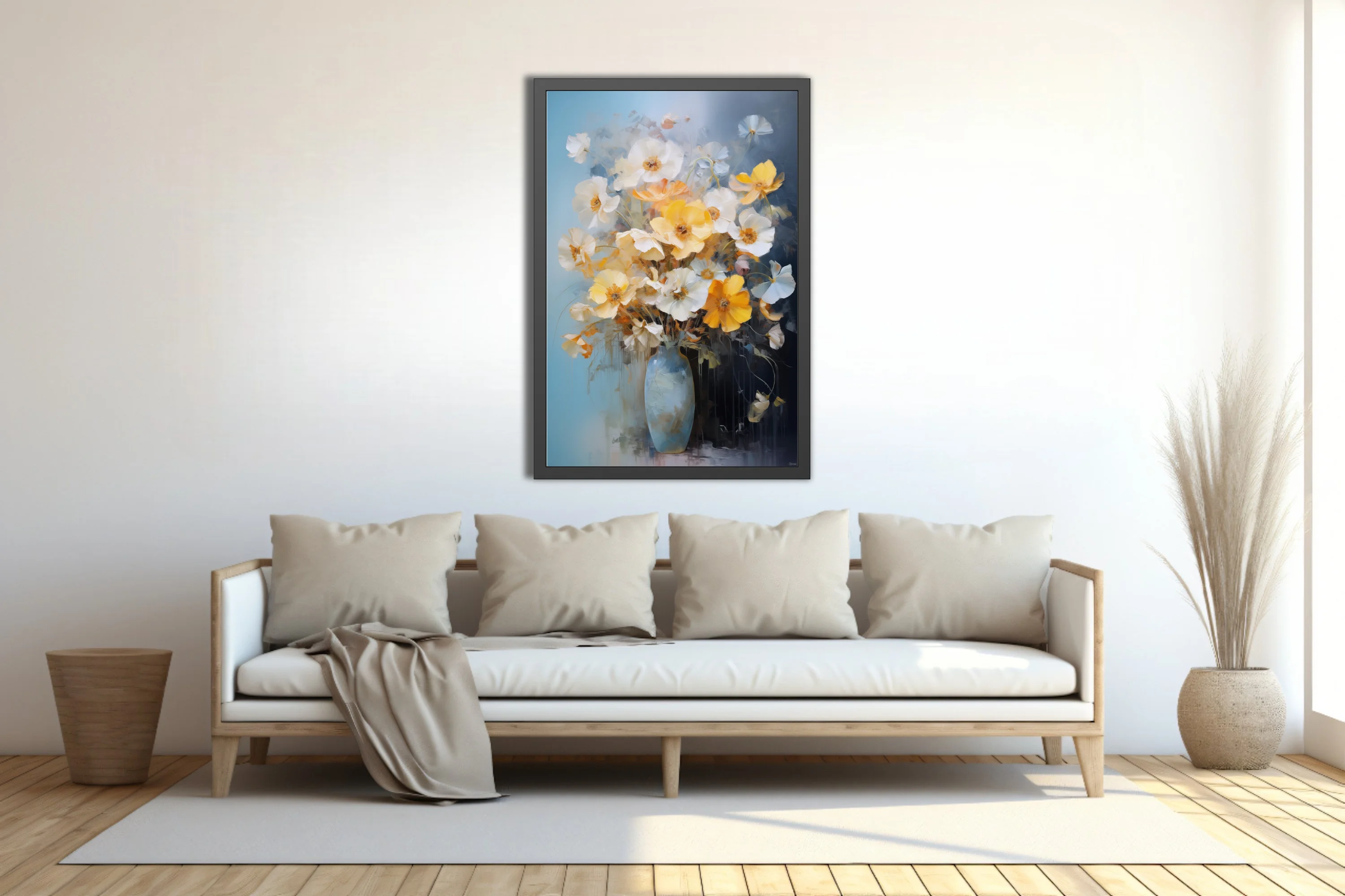 Painterly floral still life with yellow and white blooms in a blue vase, bouquet
