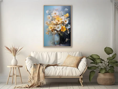 Painterly floral still life with yellow and white blooms in a blue vase, bouquet