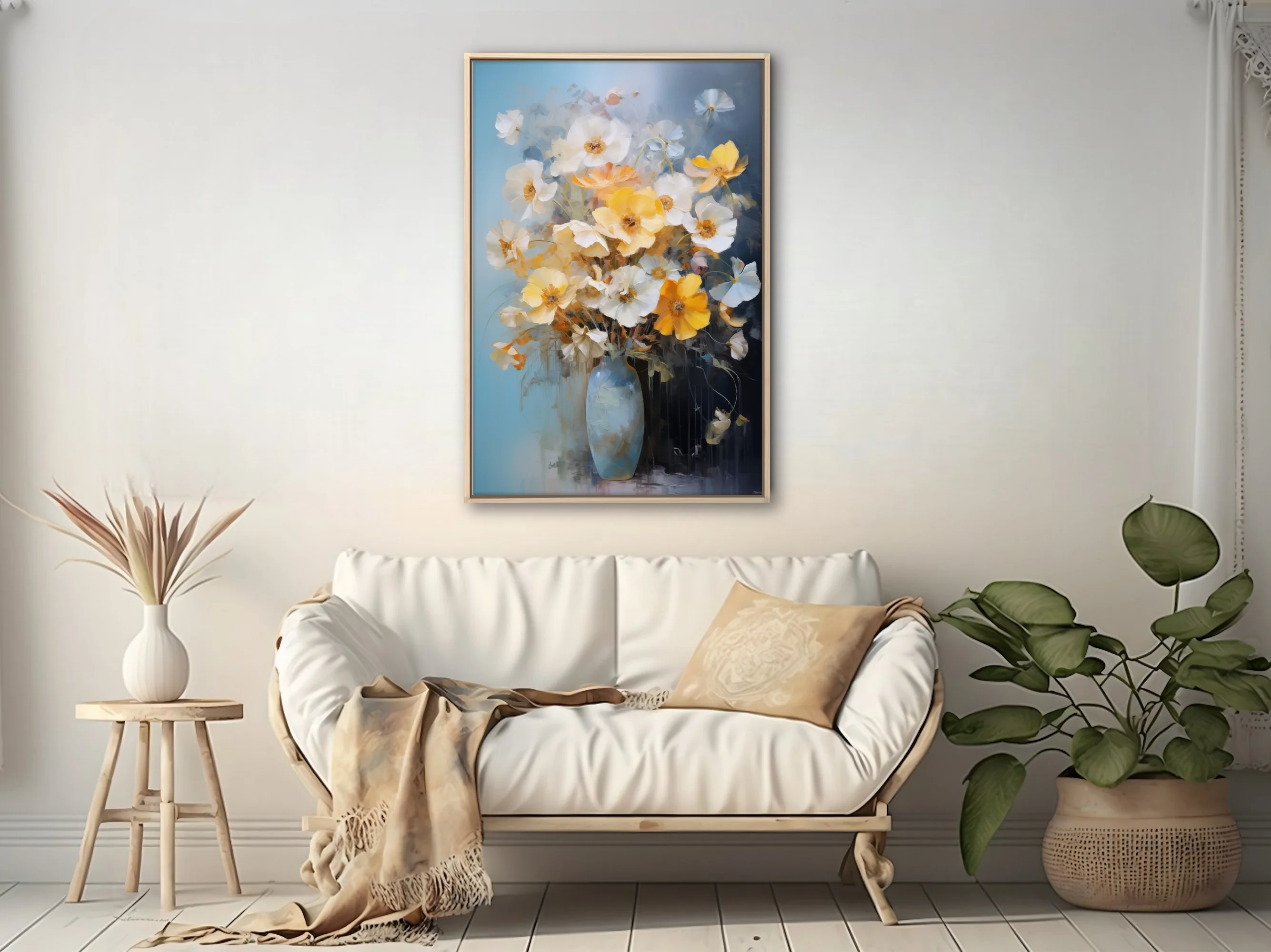 Painterly floral still life with yellow and white blooms in a blue vase, bouquet