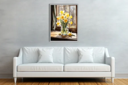 Watercolor-style daffodil bouquet in glass vase by sunlit wooden window